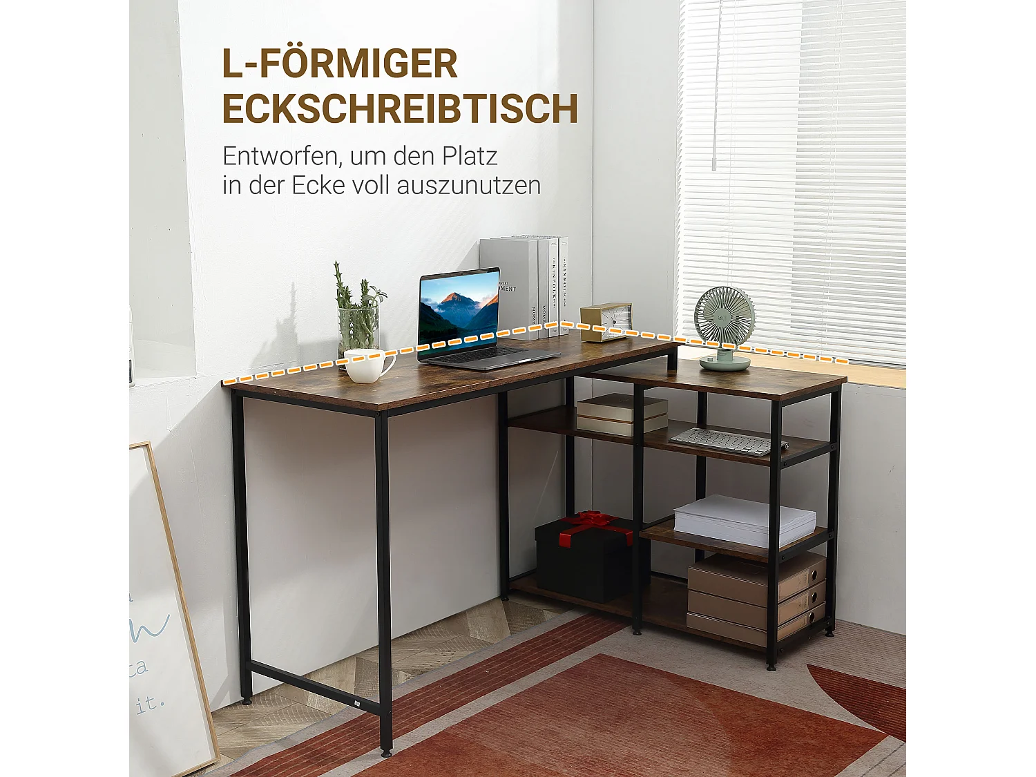 Bureau d'angle L, avec étagères et tiroir, métal, bois, marron (135x90x79 cm)