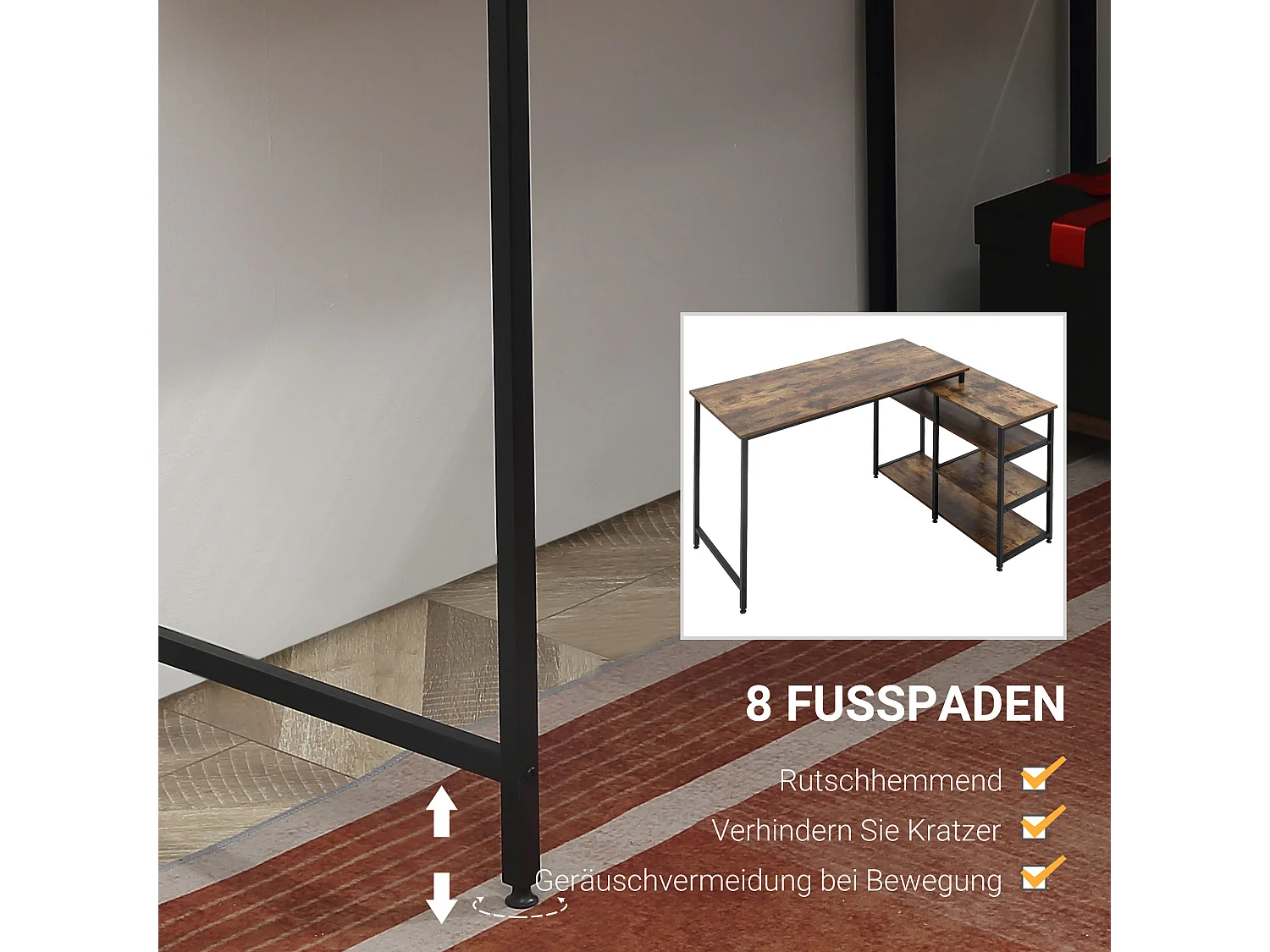 Bureau d'angle L, avec étagères et tiroir, métal, bois, marron (135x90x79 cm)