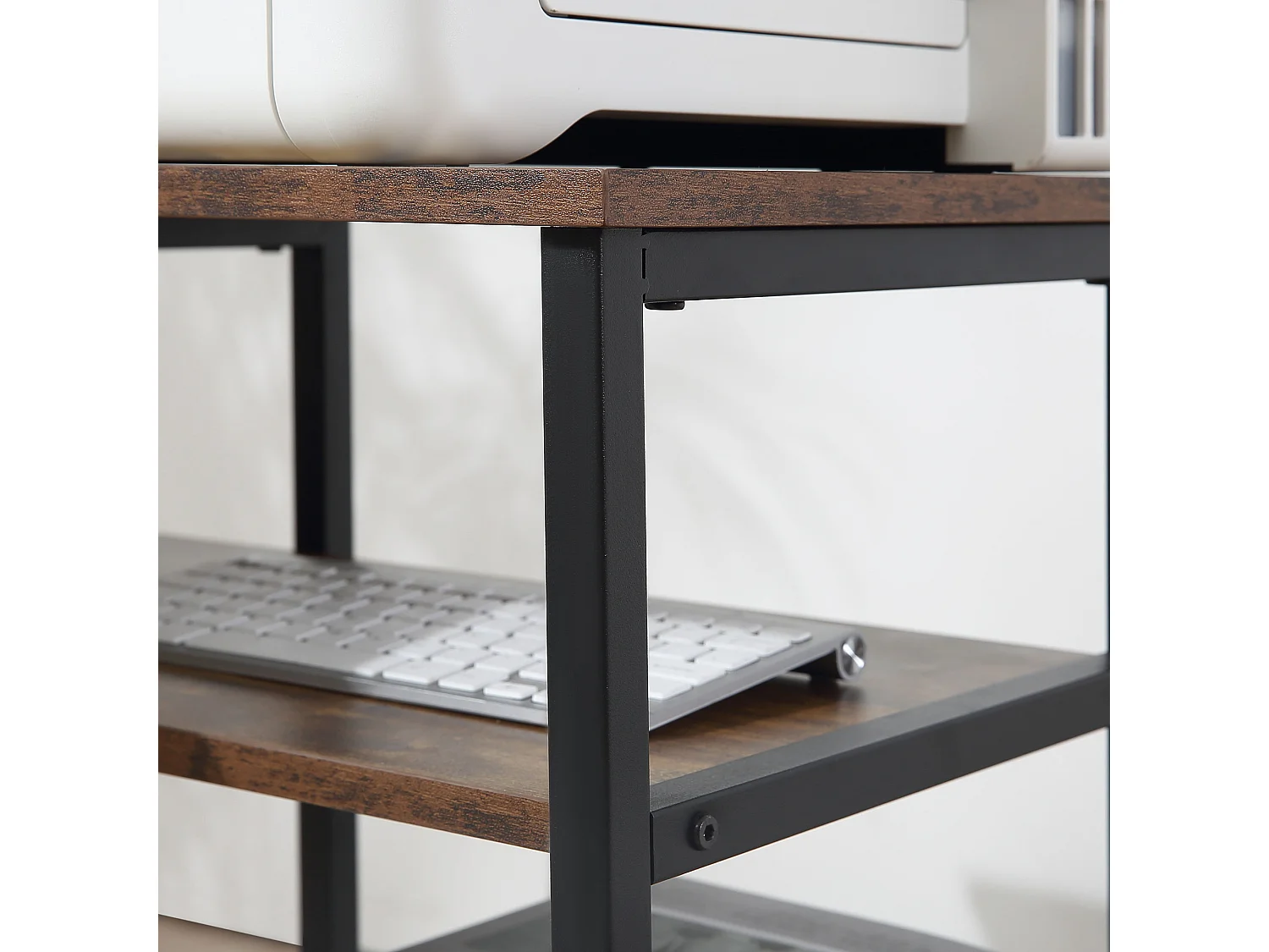 Bureau d'angle L, avec étagères et tiroir, métal, bois, marron (135x90x79 cm)