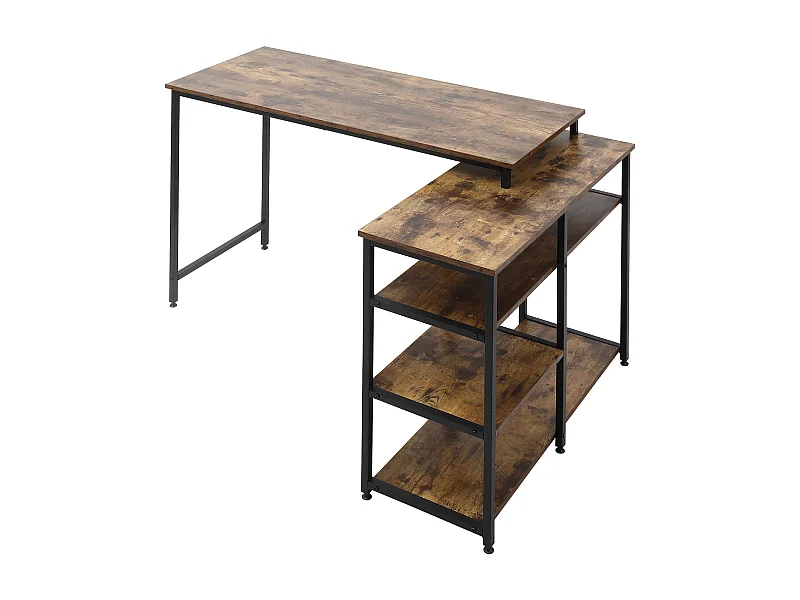 Bureau d'angle L, avec étagères et tiroir, métal, bois, marron (135x90x79 cm)