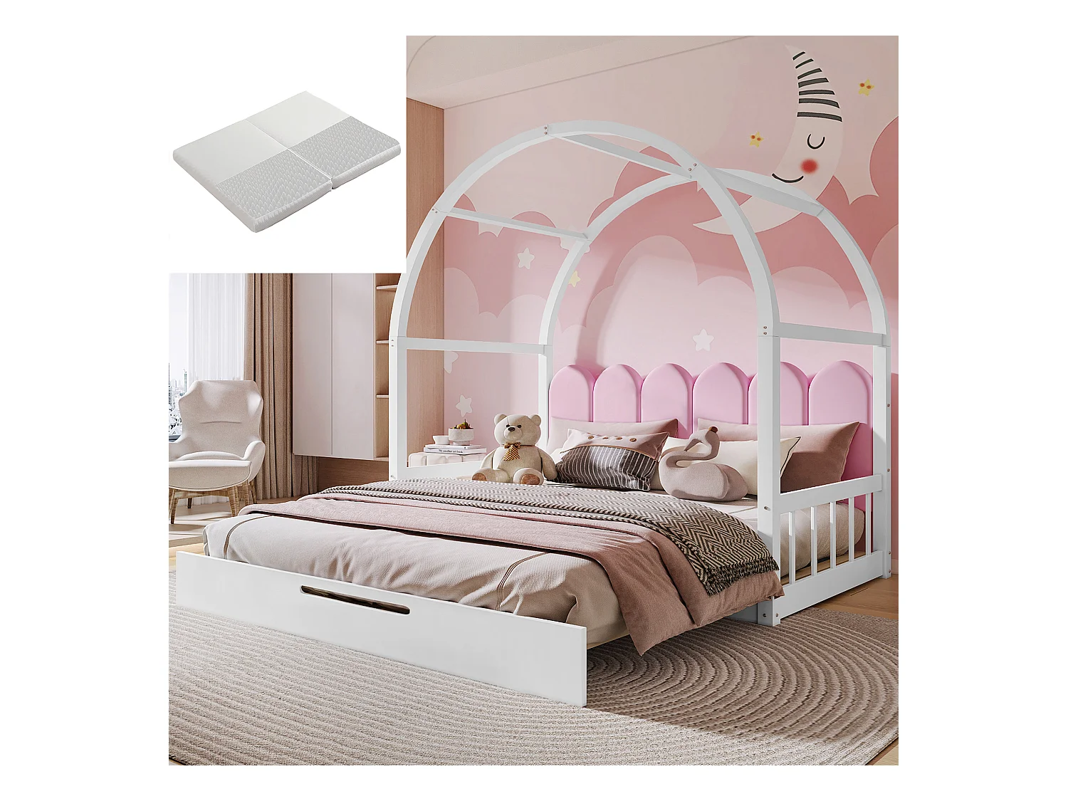 Lit extensible avec toit incurvé, lit pour enfant, canapé-lit, cadre en pin, tissu en velours blanc et rose (204.5x152x170 cm)