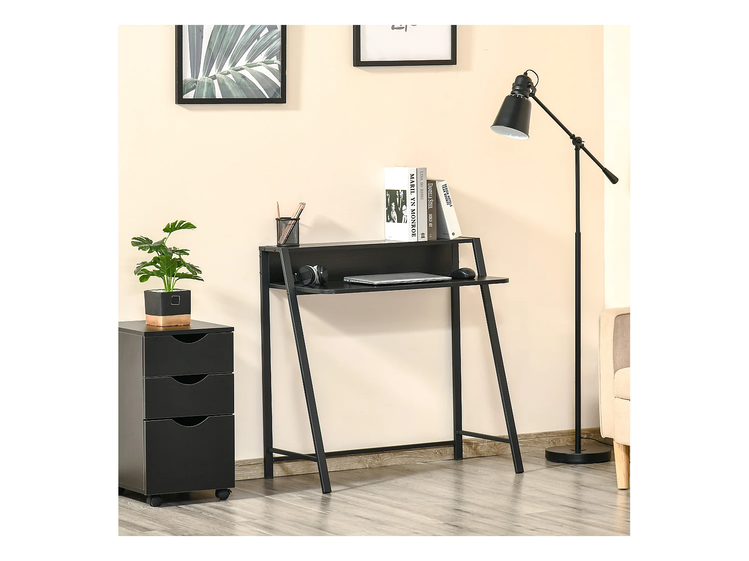 Bureau informatique avec gestion des câbles, MDF, métal, noir (84x45x85 cm)