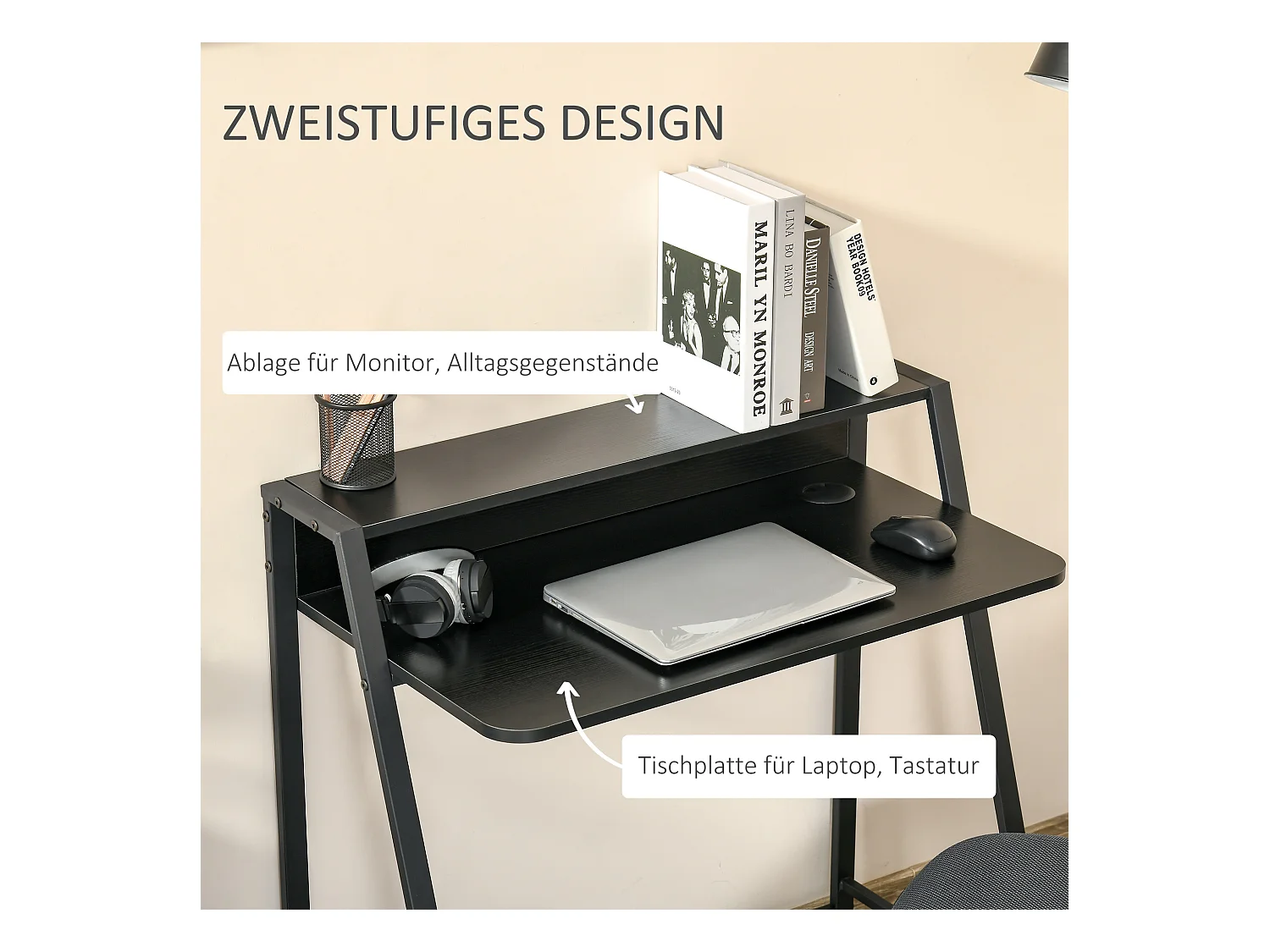 Bureau informatique avec gestion des câbles, MDF, métal, noir (84x45x85 cm)