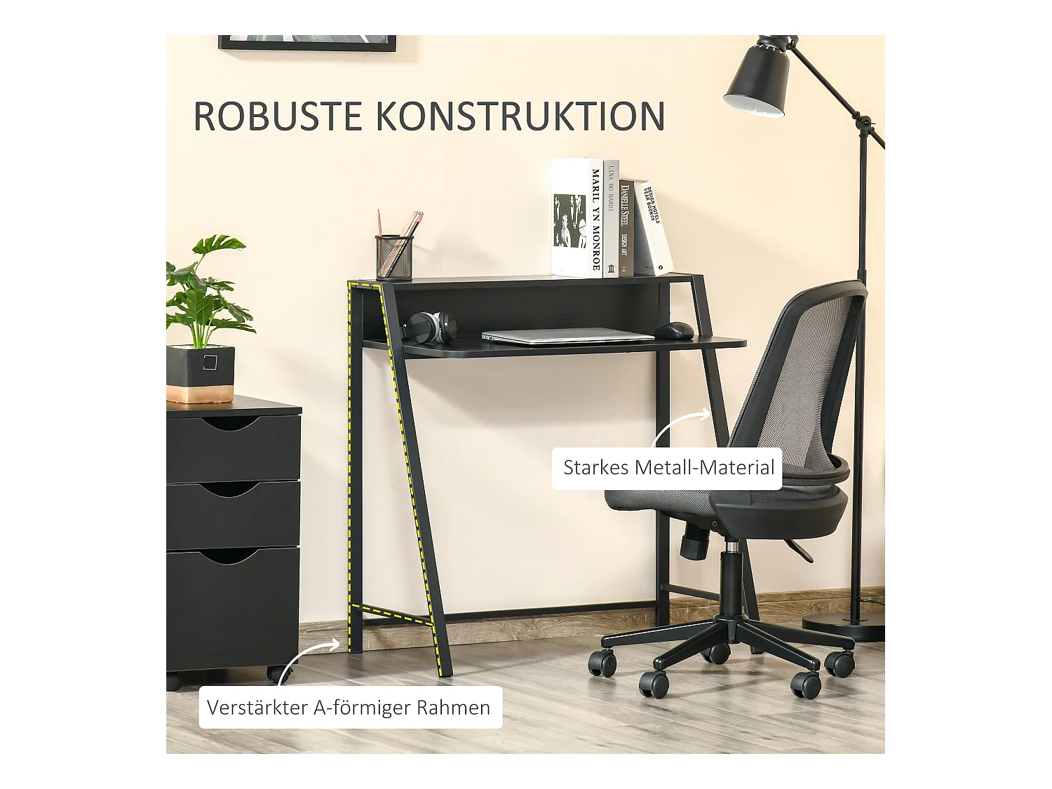 Bureau informatique avec gestion des câbles, MDF, métal, noir (84x45x85 cm)