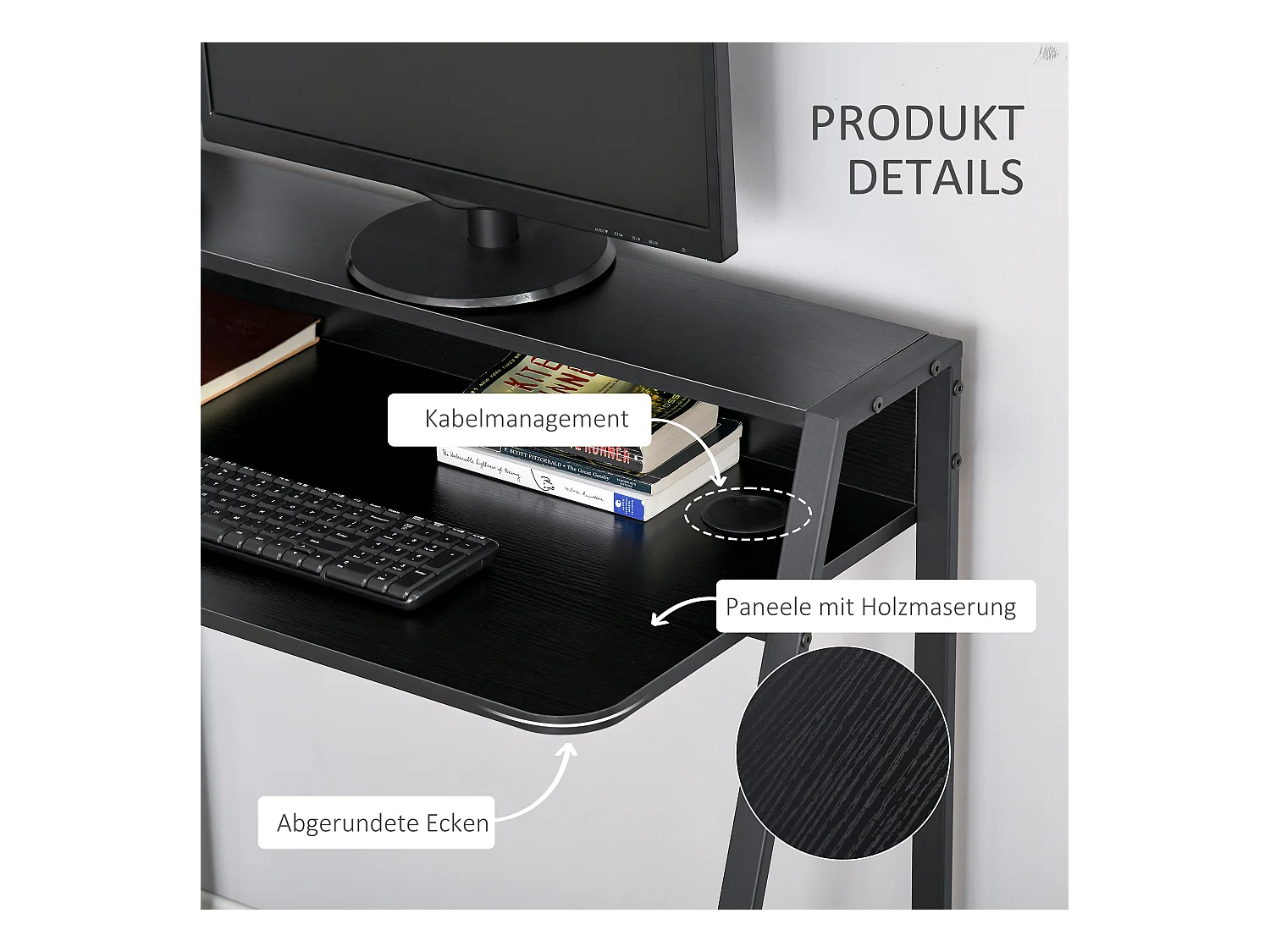 Bureau informatique avec gestion des câbles, MDF, métal, noir (84x45x85 cm)