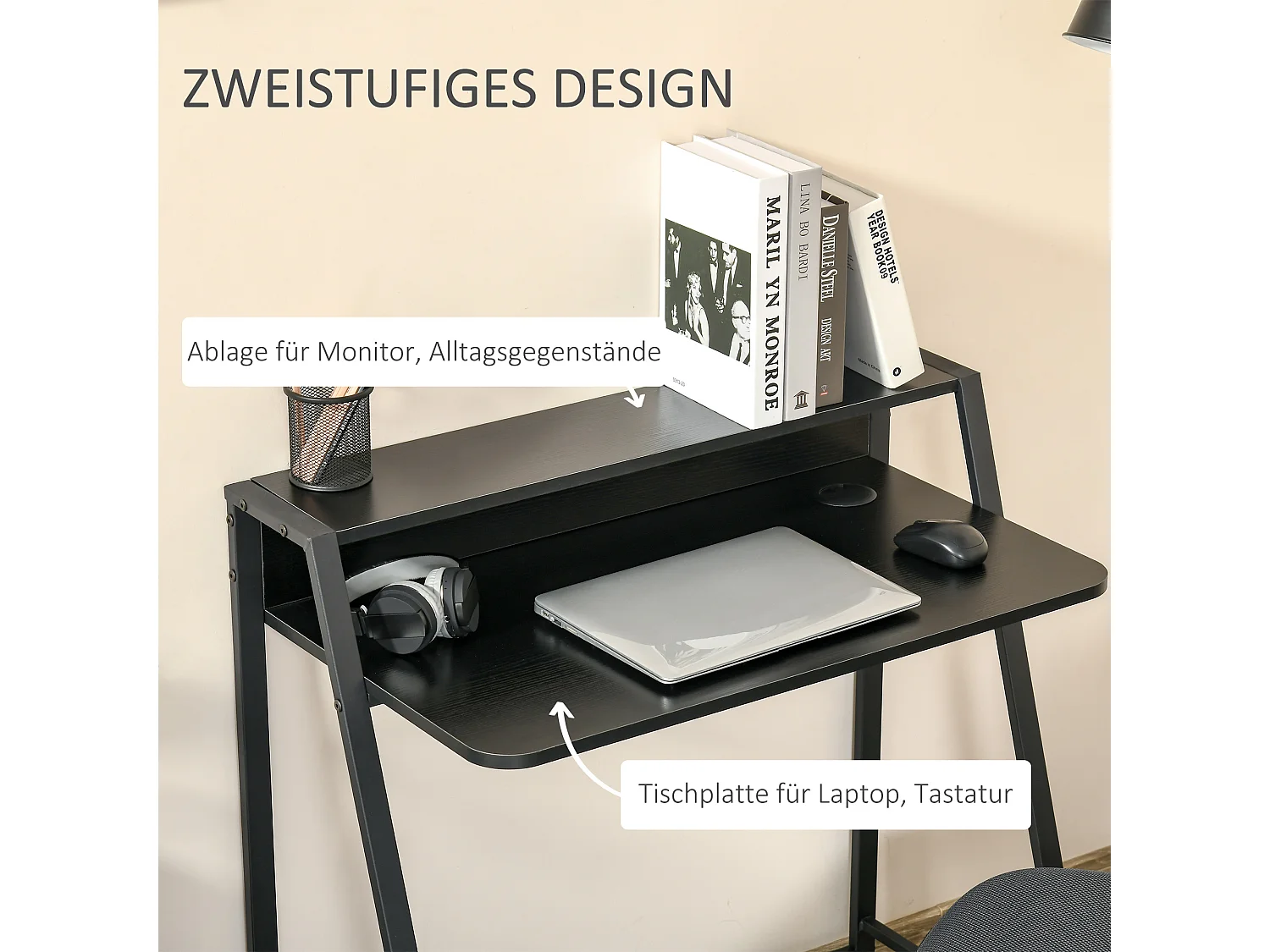 Bureau informatique avec gestion des câbles, MDF, métal, noir (84x45x85 cm)