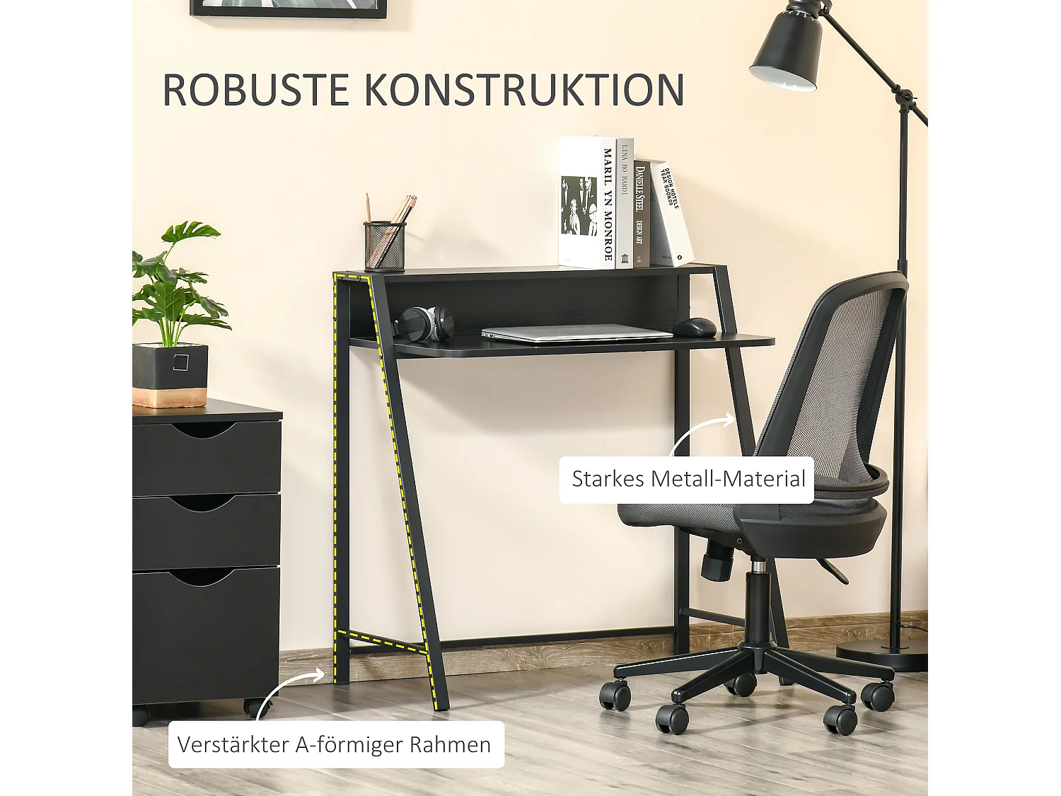 Bureau informatique avec gestion des câbles, MDF, métal, noir (84x45x85 cm)