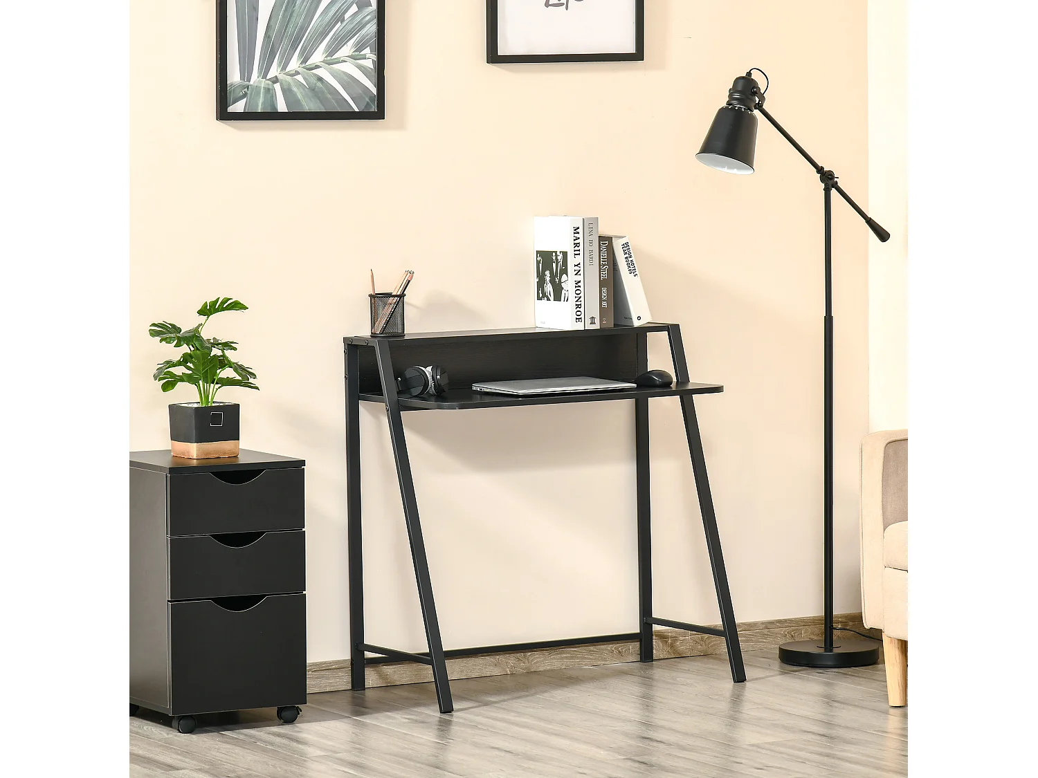 Bureau informatique avec gestion des câbles, MDF, métal, noir (84x45x85 cm)