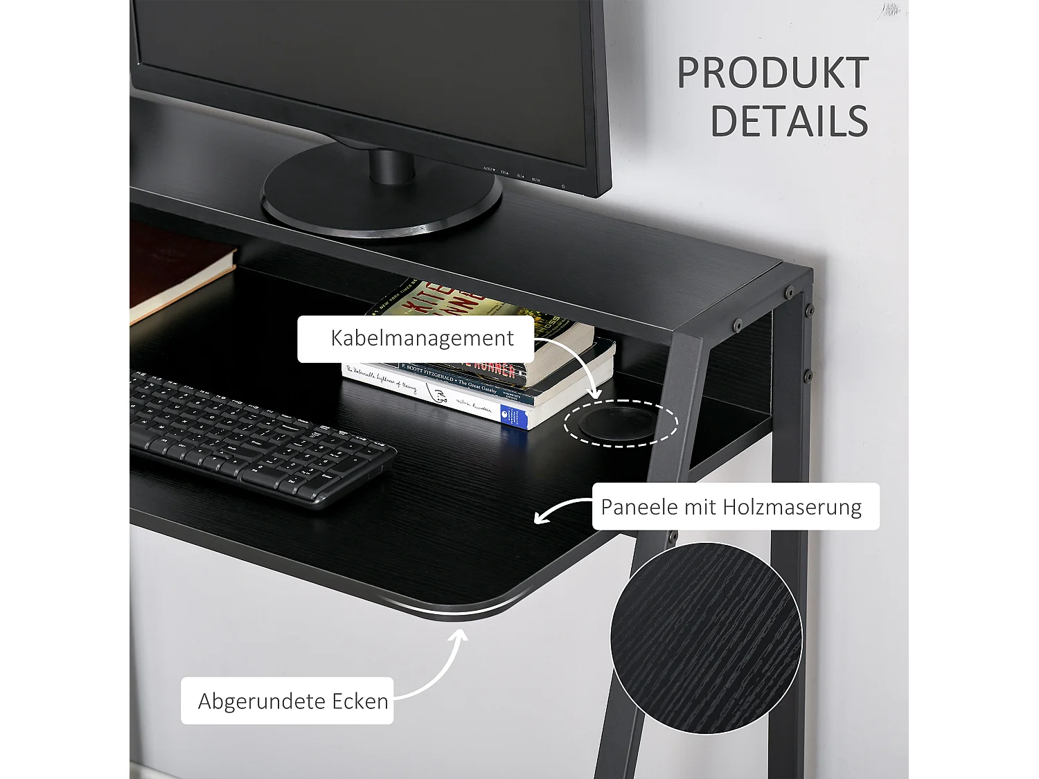 Bureau informatique avec gestion des câbles, MDF, métal, noir (84x45x85 cm)