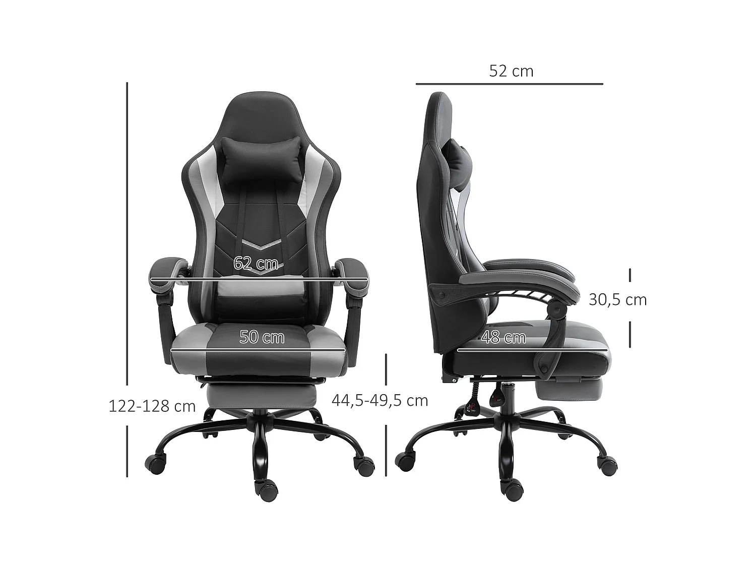 Fauteuil gaming ergonomique avec repose-pieds, mousse, noir, dossier inclinable jusqu’à 160° (62x52x128cm)