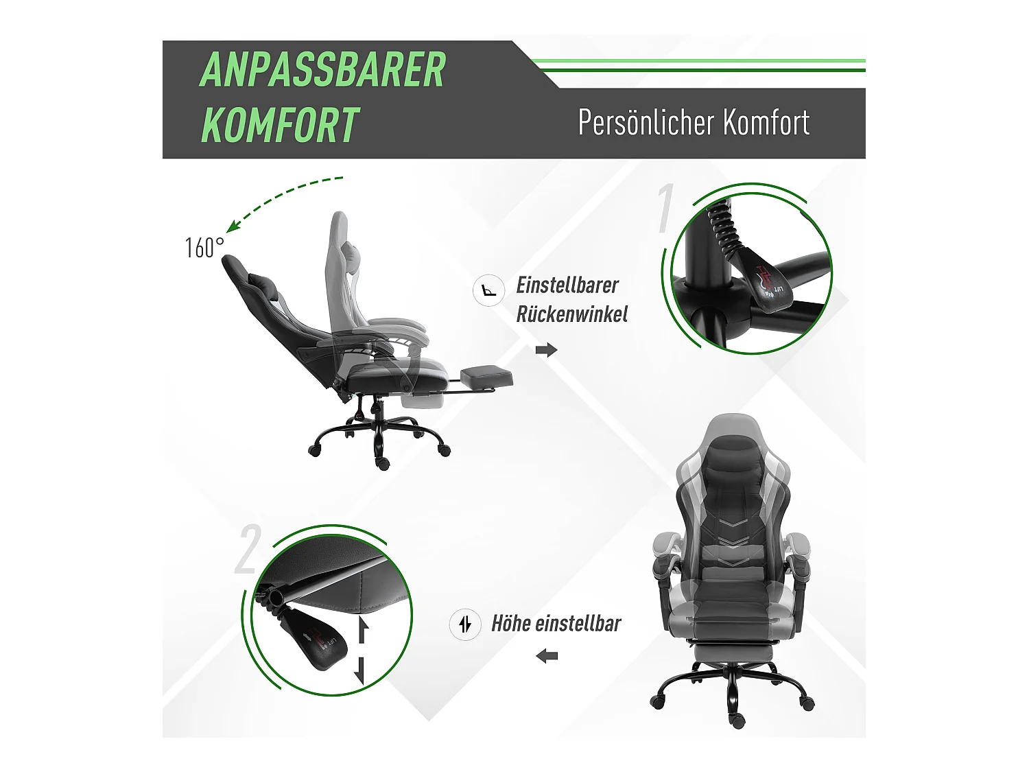 Fauteuil gaming ergonomique avec repose-pieds, mousse, noir, dossier inclinable jusqu’à 160° (62x52x128cm)