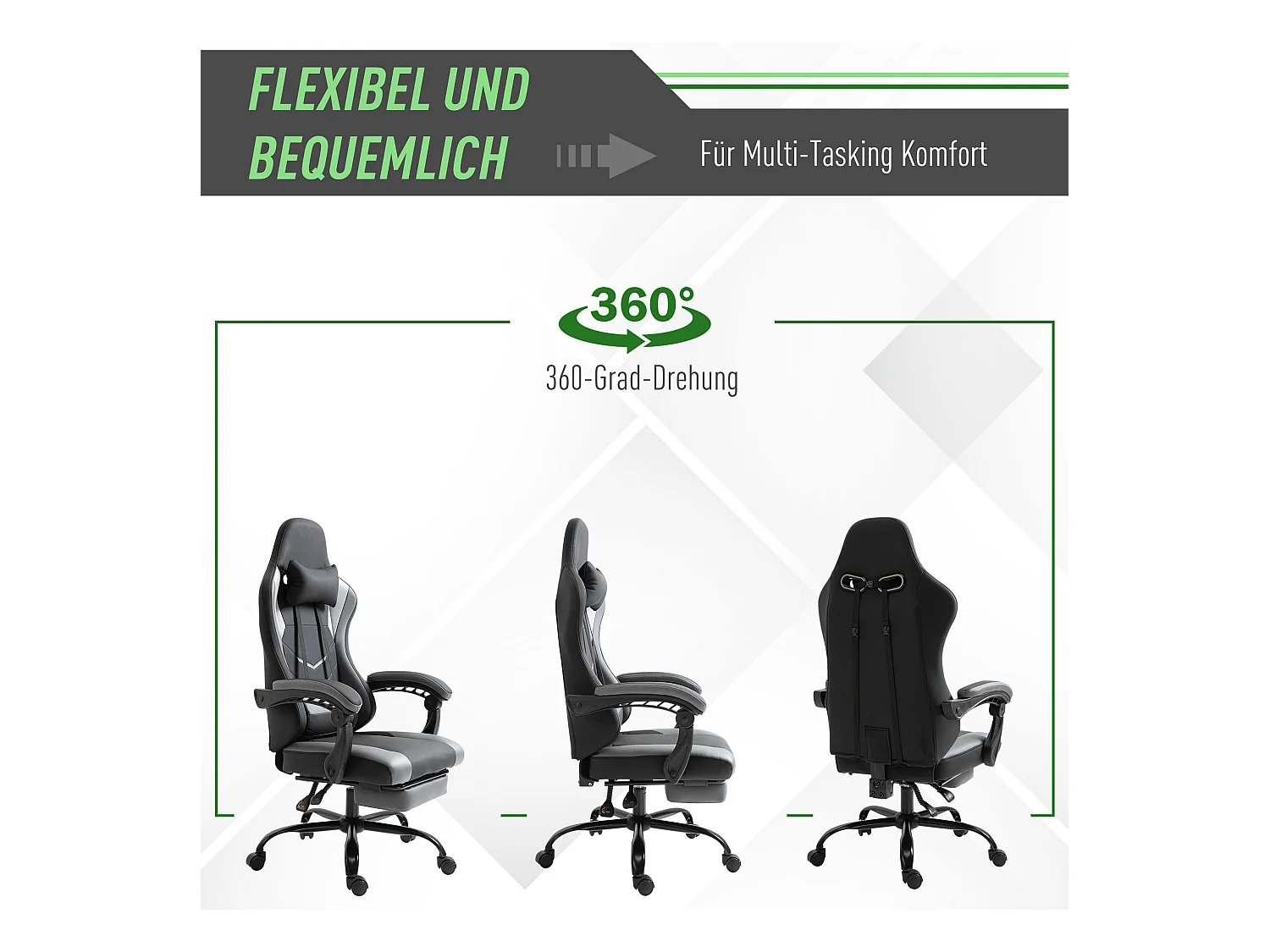 Fauteuil gaming ergonomique avec repose-pieds, mousse, noir, dossier inclinable jusqu’à 160° (62x52x128cm)