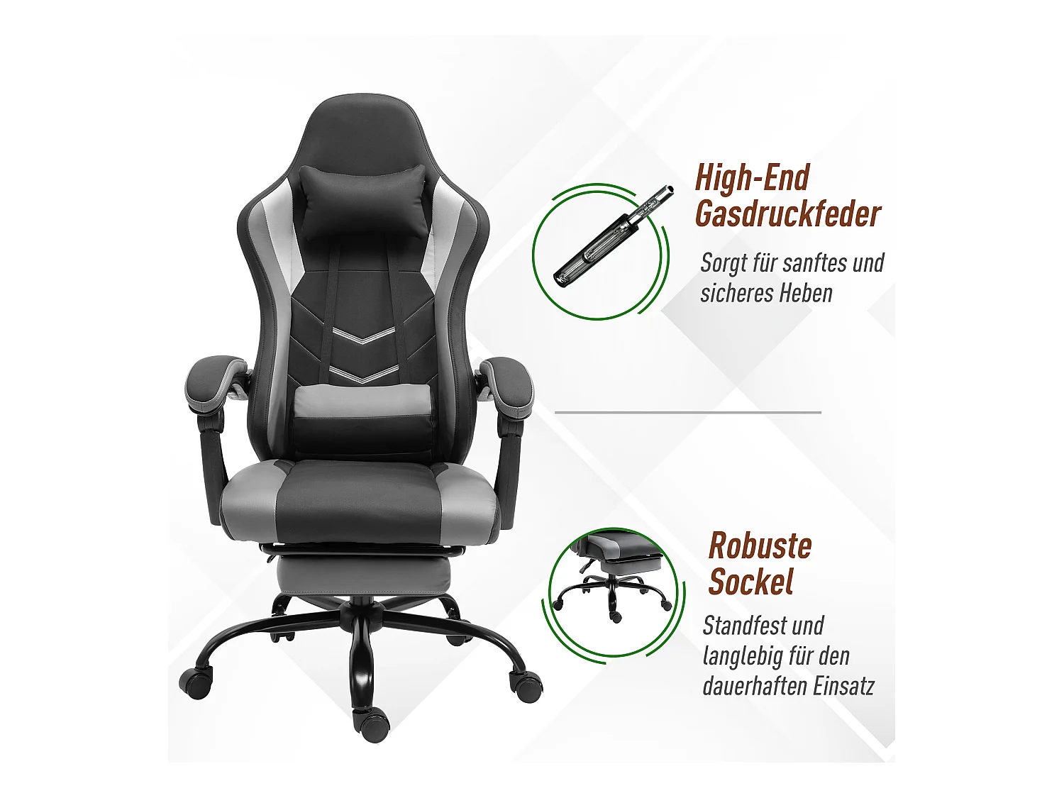 Fauteuil gaming ergonomique avec repose-pieds, mousse, noir, dossier inclinable jusqu’à 160° (62x52x128cm)