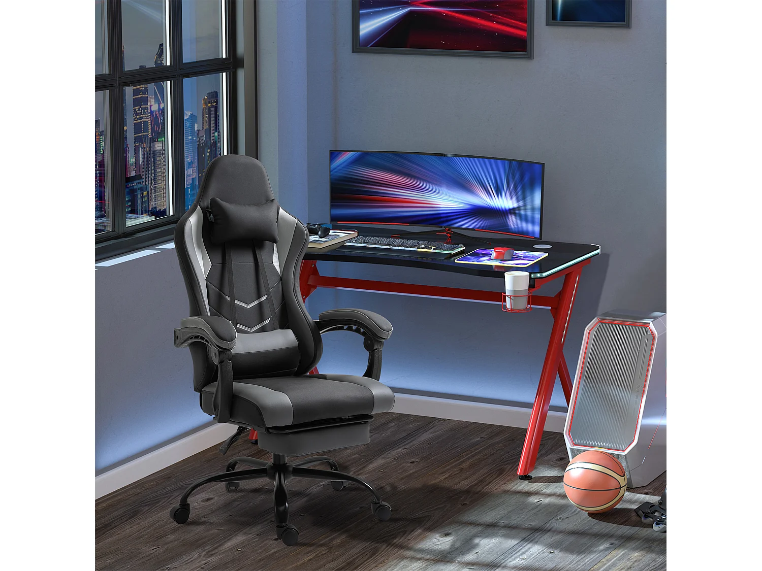 Fauteuil gaming ergonomique avec repose-pieds, mousse, noir, dossier inclinable jusqu’à 160° (62x52x128cm)