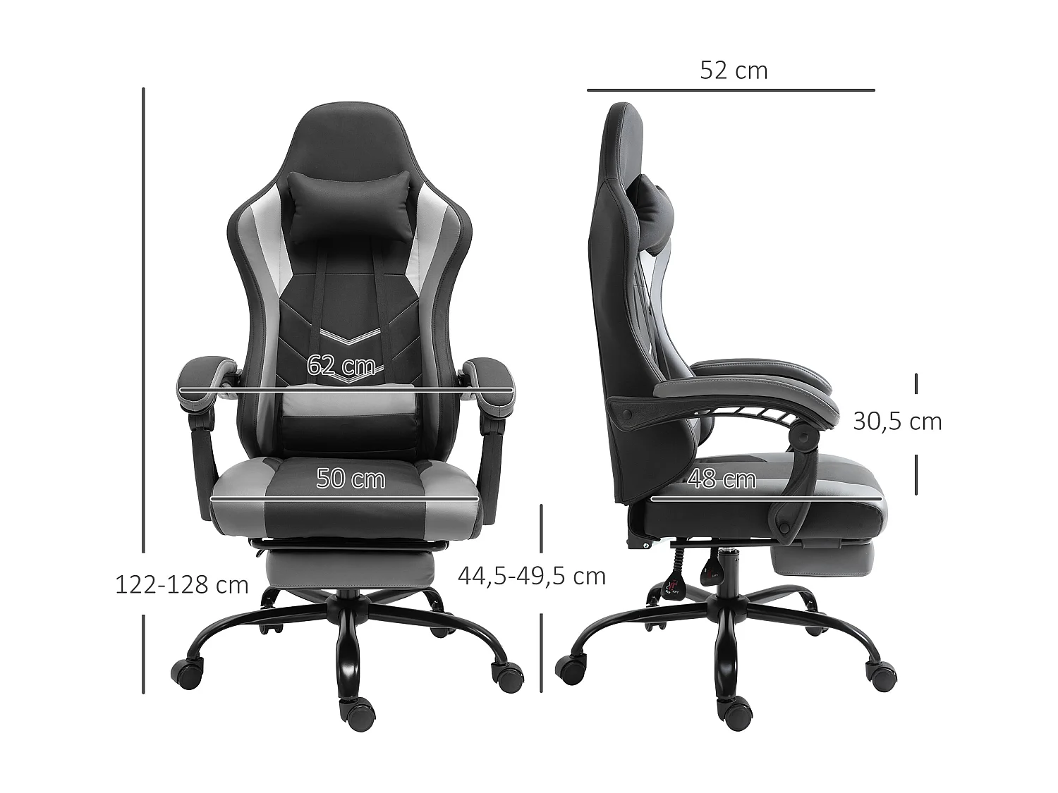 Fauteuil gaming ergonomique avec repose-pieds, mousse, noir, dossier inclinable jusqu’à 160° (62x52x128cm)