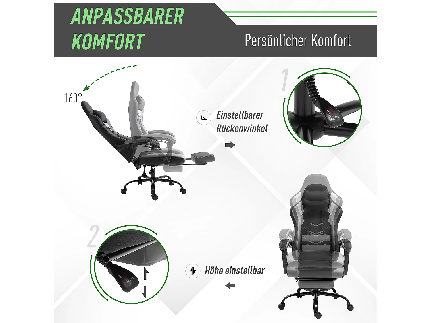Fauteuil gaming ergonomique avec repose-pieds, mousse, noir, dossier inclinable jusqu’à 160° (62x52x128cm)