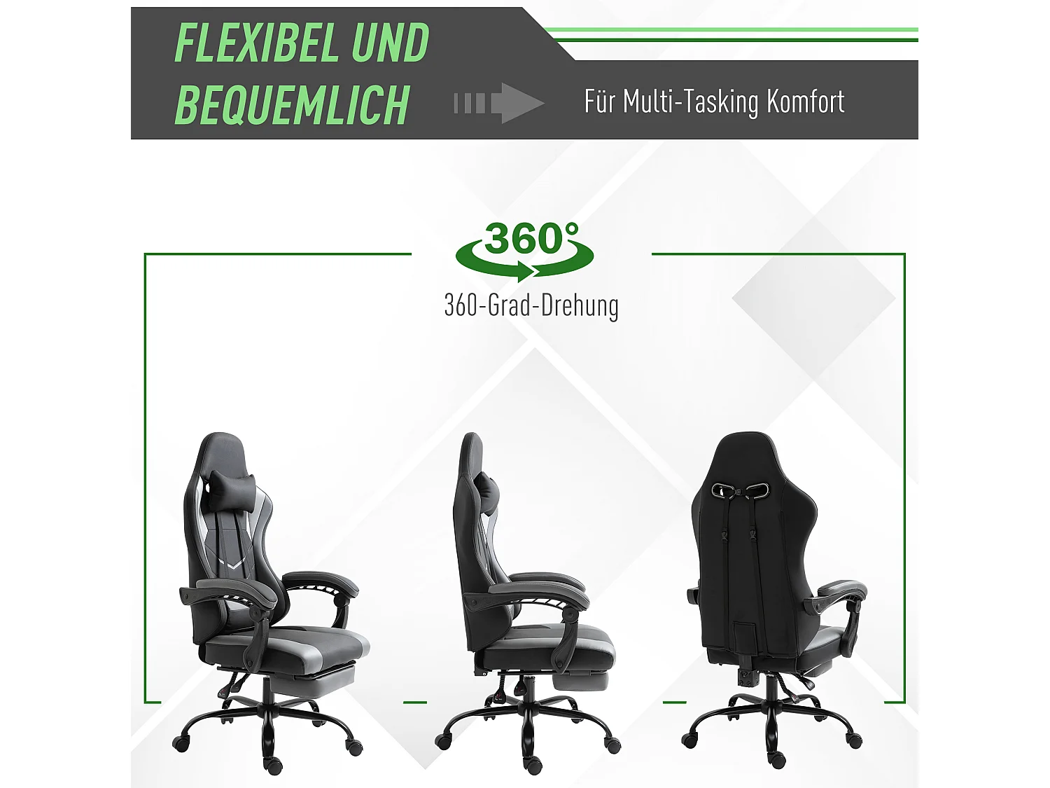 Fauteuil gaming ergonomique avec repose-pieds, mousse, noir, dossier inclinable jusqu’à 160° (62x52x128cm)