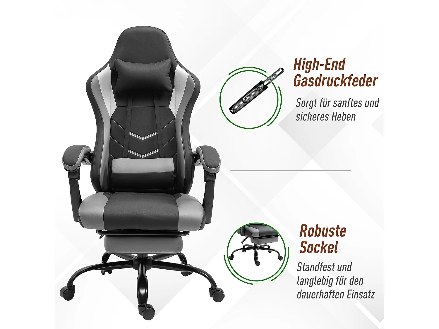 Fauteuil gaming ergonomique avec repose-pieds, mousse, noir, dossier inclinable jusqu’à 160° (62x52x128cm)