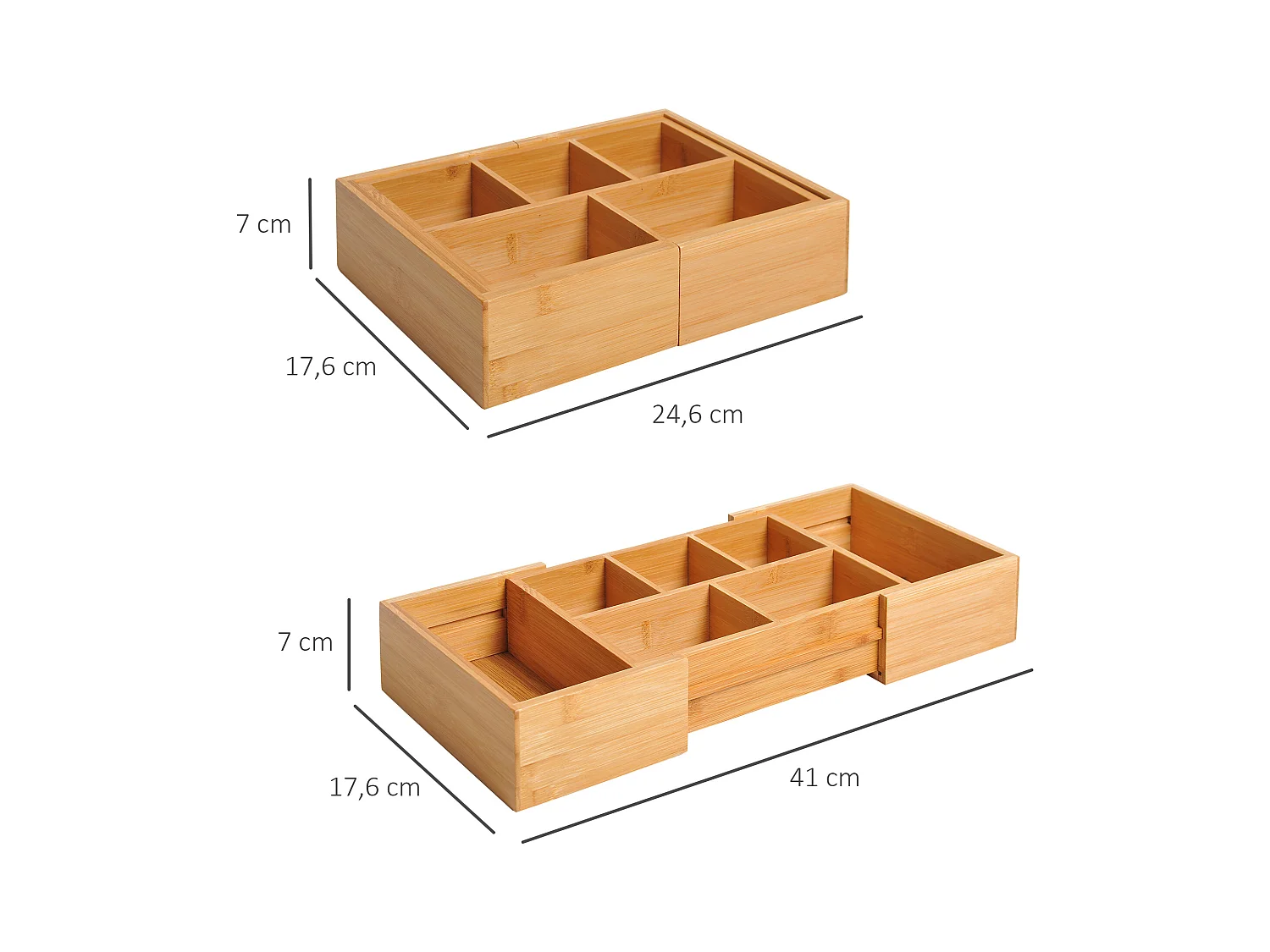 Opbergdoos met uitschuifbare lades, gemaakt van natuurlijk bamboe (24,6x17,6x7 cm)