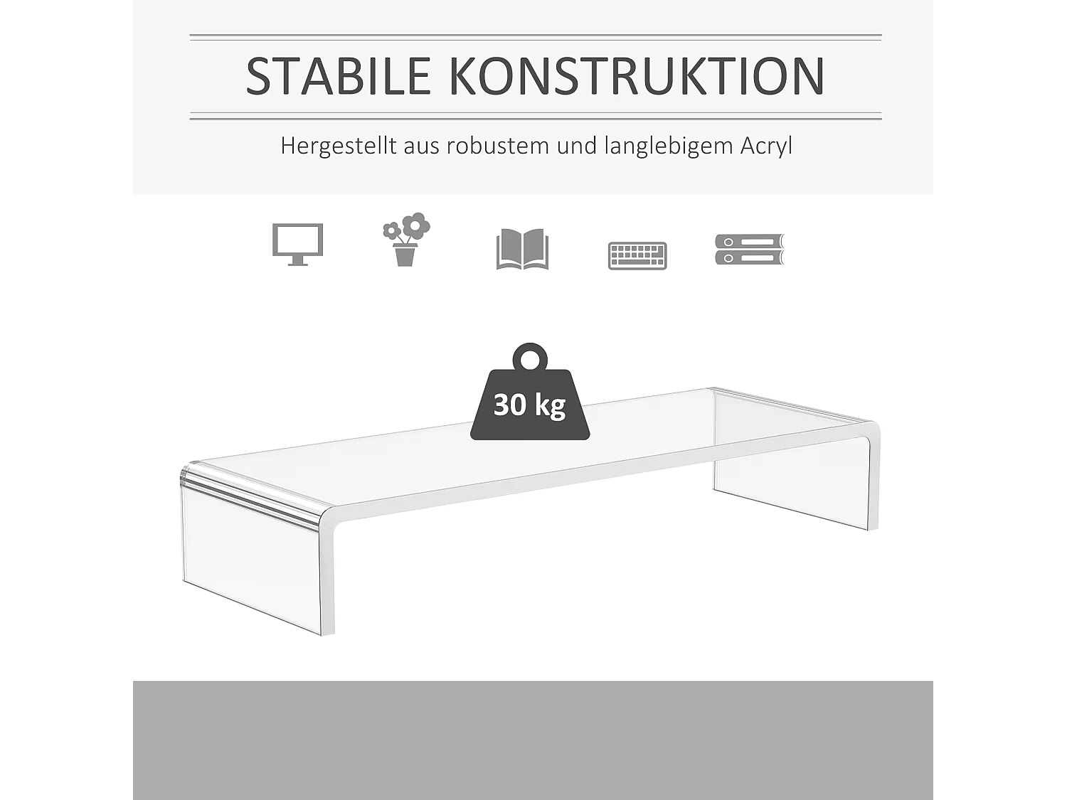 Supporto ergonomico per monitor, in acrilico trasparente, per laptop e schermi LCD (53x19x9 cm)