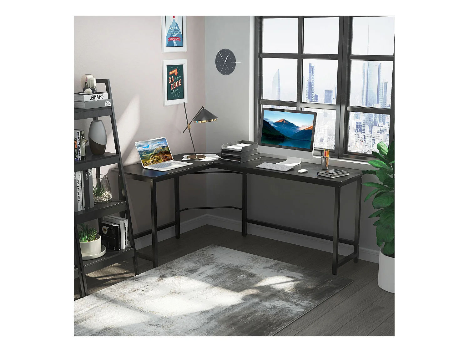 Bureau d'angle réglable en hauteur, métal, noir, avec étagères, (168x120x75 cm)