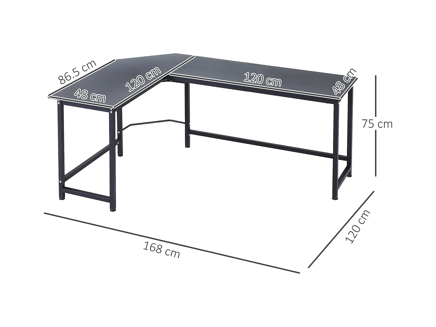 Bureau d'angle réglable en hauteur, métal, noir, avec étagères, (168x120x75 cm)