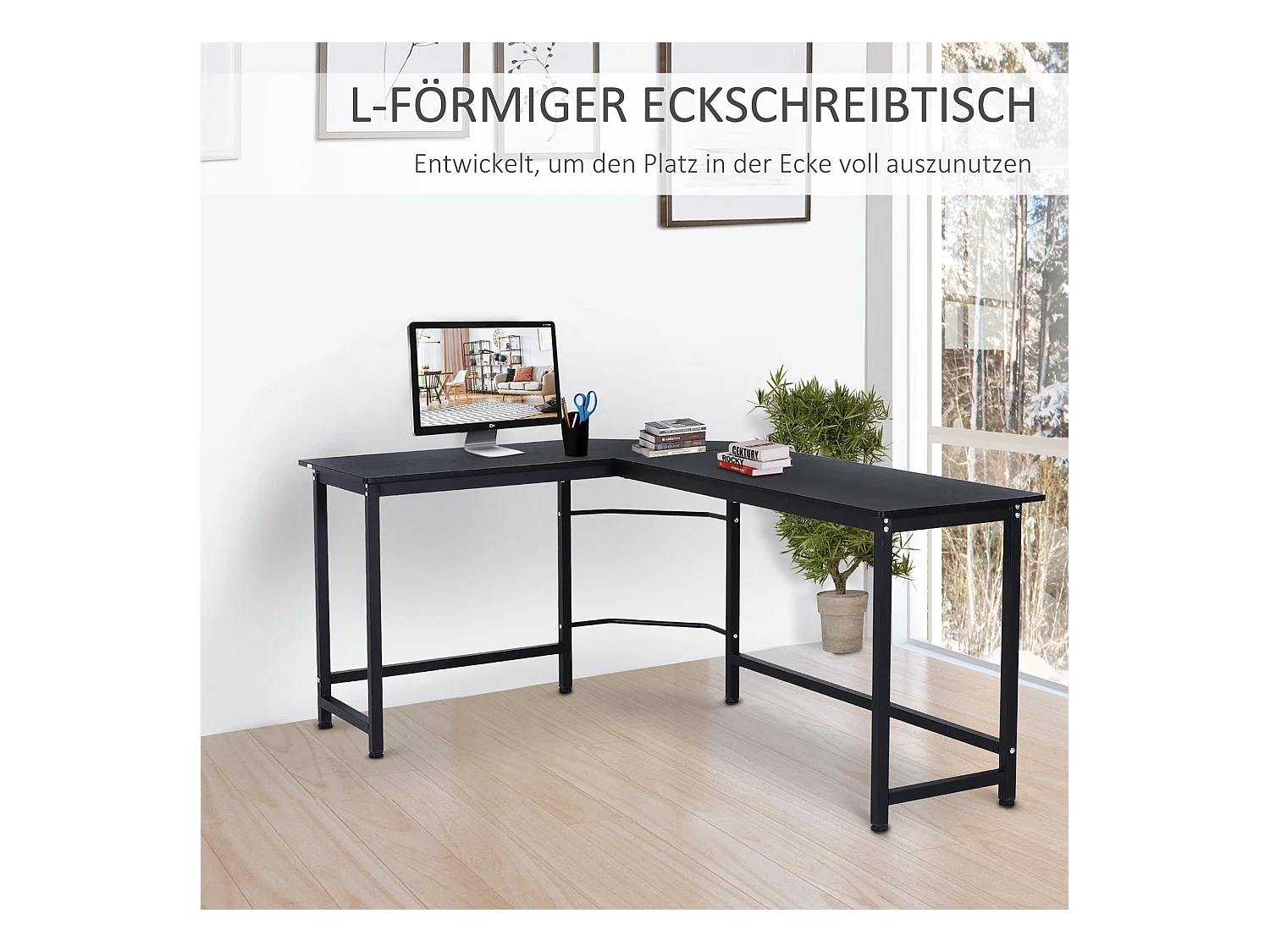 Bureau d'angle réglable en hauteur, métal, noir, avec étagères, (168x120x75 cm)