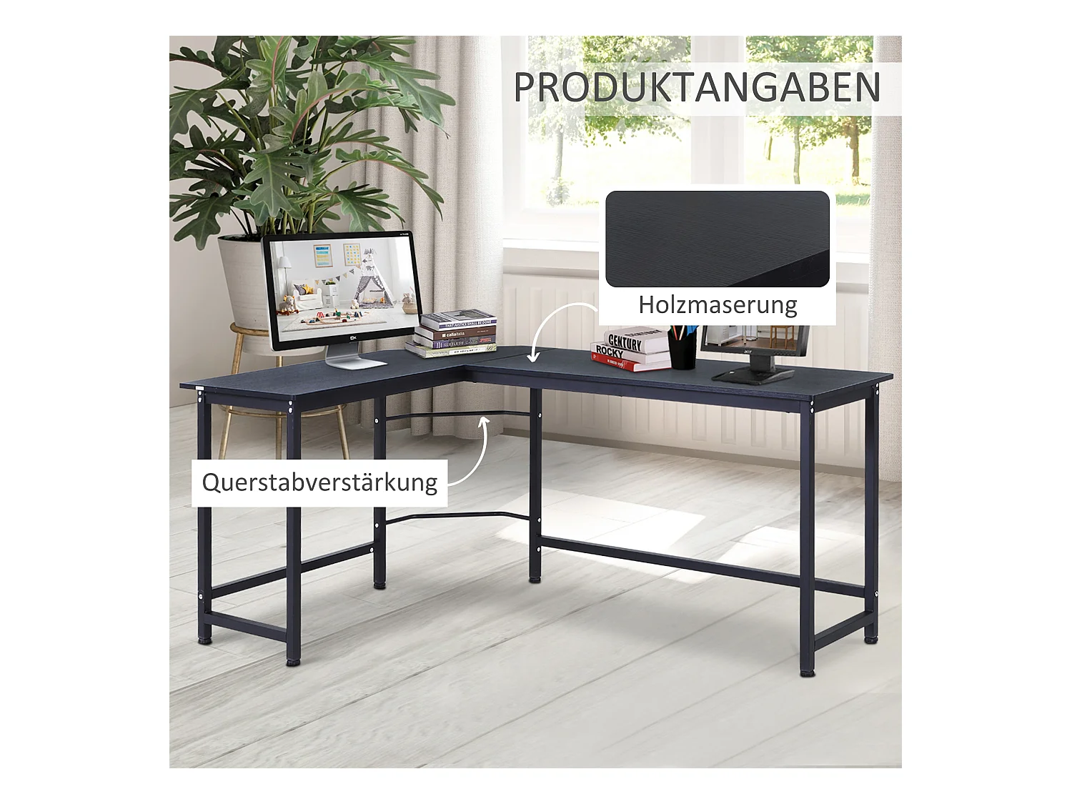 Bureau d'angle réglable en hauteur, métal, noir, avec étagères, (168x120x75 cm)