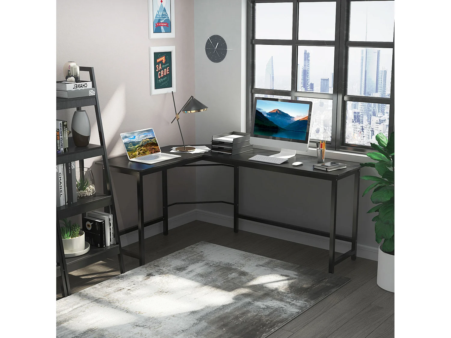 Bureau d'angle réglable en hauteur, métal, noir, avec étagères, (168x120x75 cm)