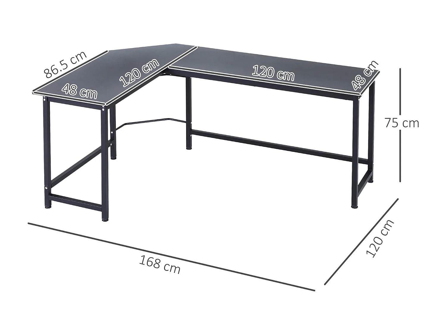 Bureau d'angle réglable en hauteur, métal, noir, avec étagères, (168x120x75 cm)