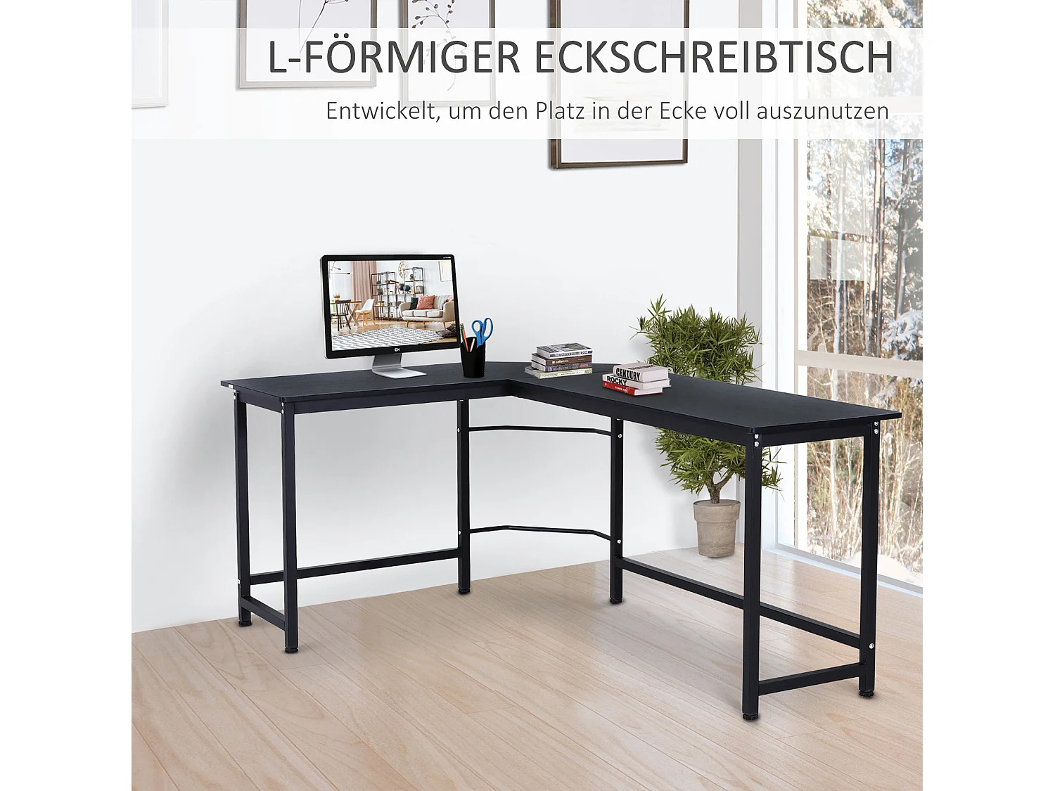 Bureau d'angle réglable en hauteur, métal, noir, avec étagères, (168x120x75 cm)