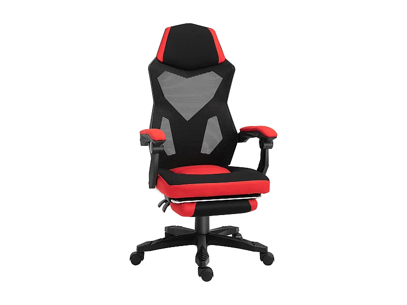 Ergonomische gamingstoel met voetenbankje, in hoogte verstelbaar, zwart en rood polyester (58x63x122cm)