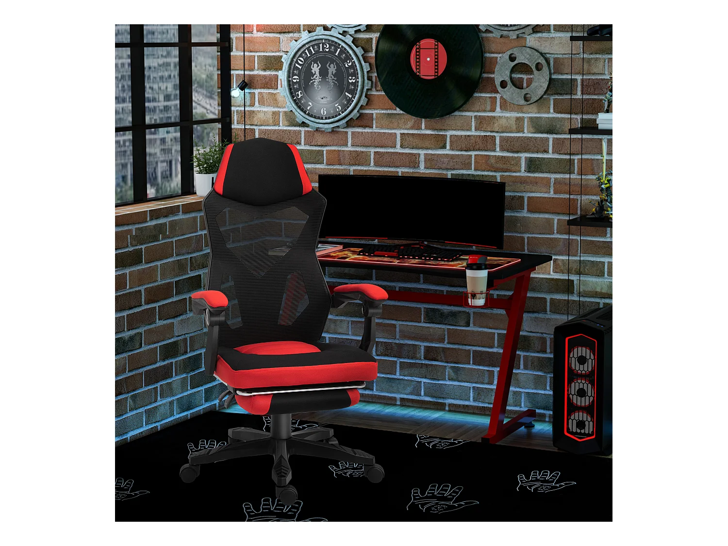 Fauteuil gaming ergonomique avec repose-pieds, hauteur réglable, polyester noir et rouge (58x63x122cm)
