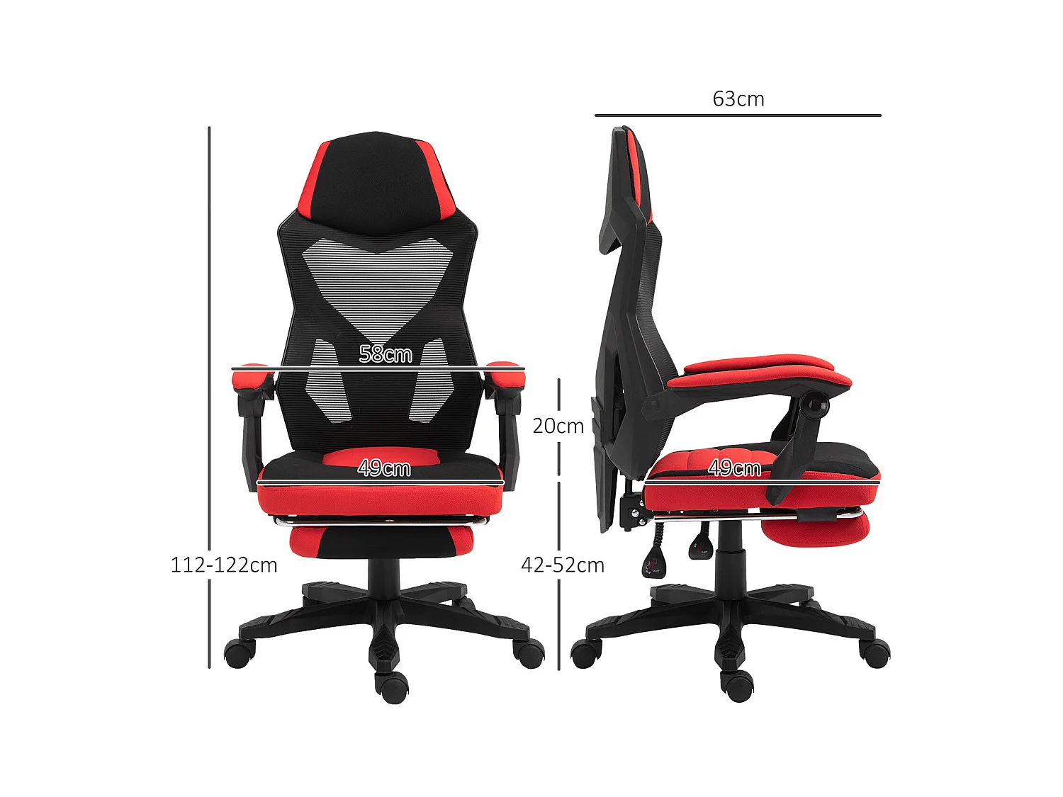 Fauteuil gaming ergonomique avec repose-pieds, hauteur réglable, polyester noir et rouge (58x63x122cm)