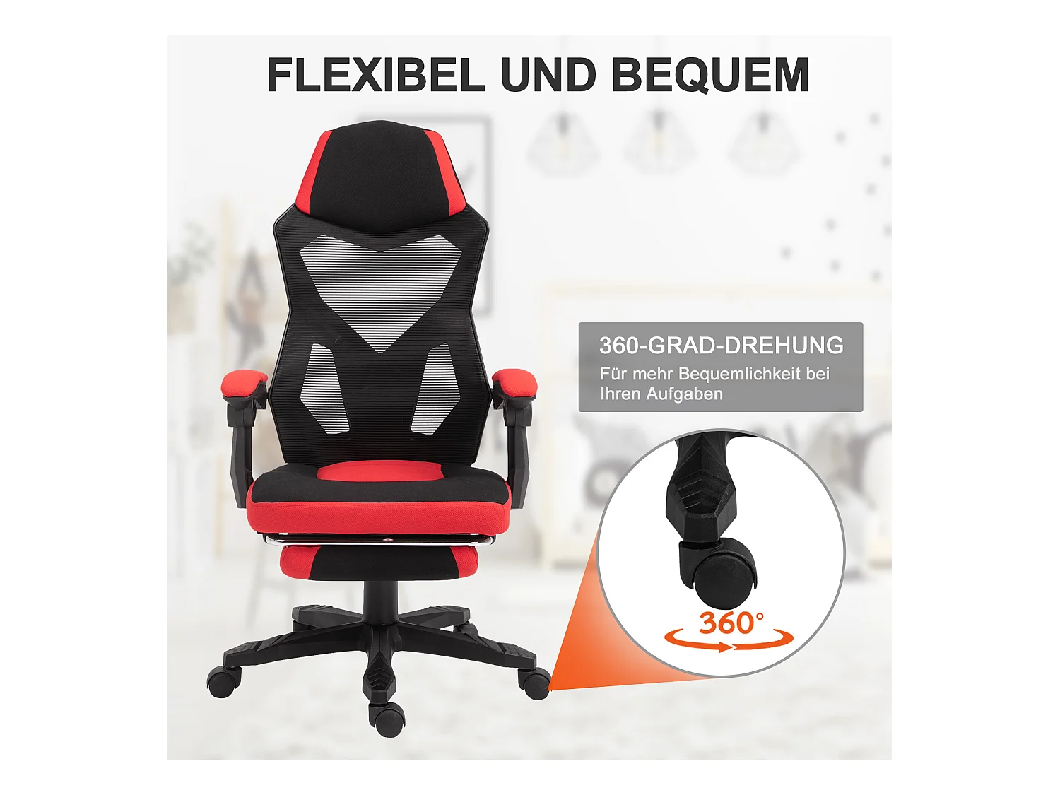 Fauteuil gaming ergonomique avec repose-pieds, hauteur réglable, polyester noir et rouge (58x63x122cm)