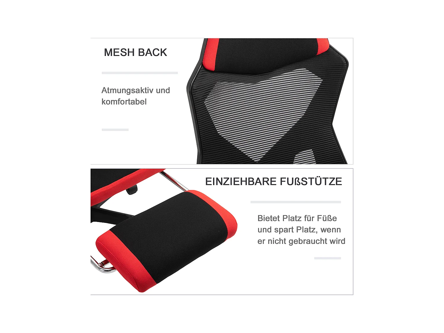 Fauteuil gaming ergonomique avec repose-pieds, hauteur réglable, polyester noir et rouge (58x63x122cm)