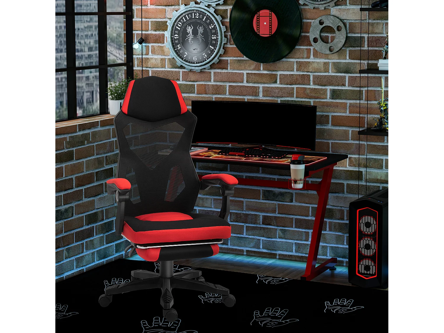 Fauteuil gaming ergonomique avec repose-pieds, hauteur réglable, polyester noir et rouge (58x63x122cm)