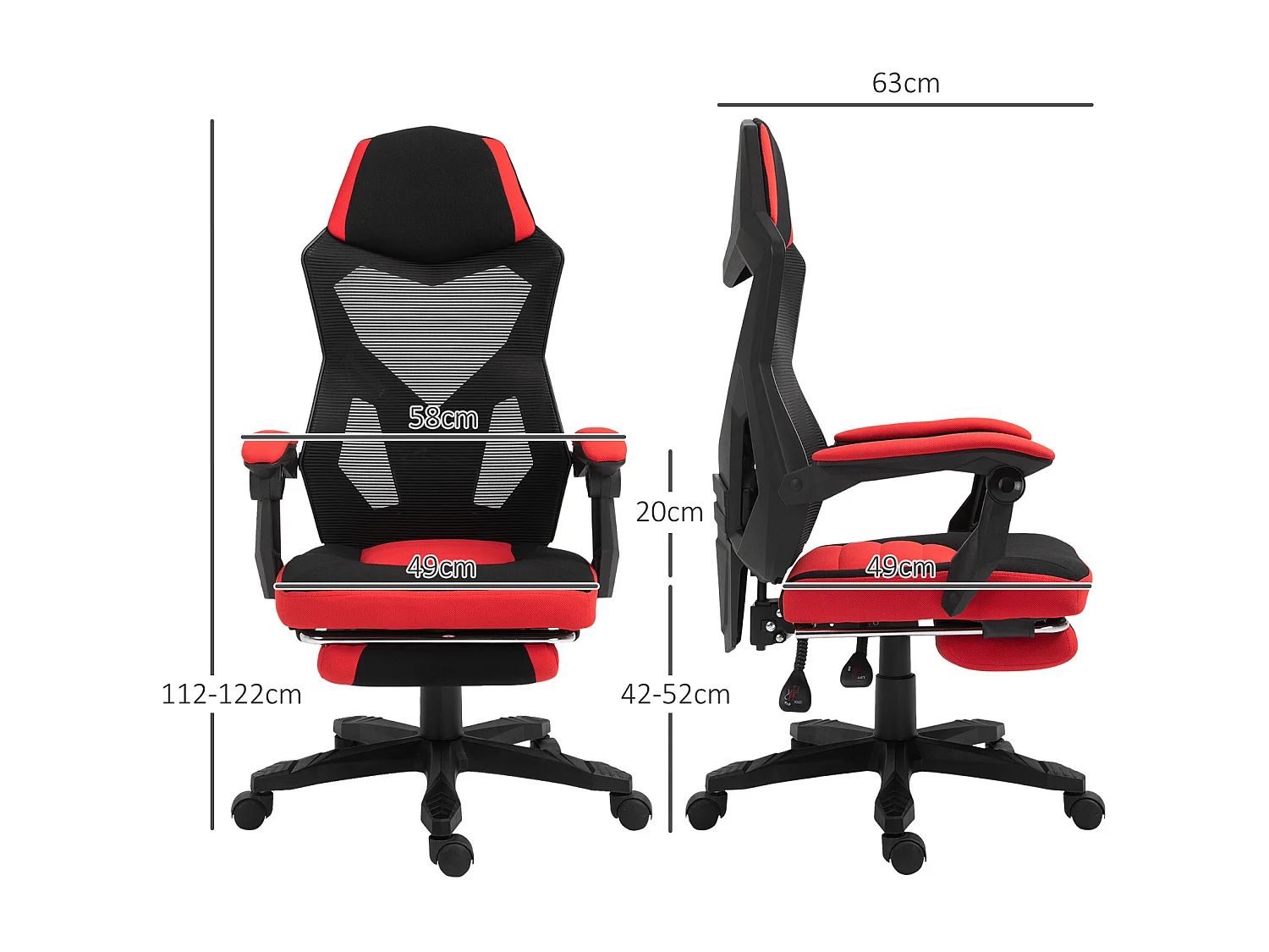 Fauteuil gaming ergonomique avec repose-pieds, hauteur réglable, polyester noir et rouge (58x63x122cm)