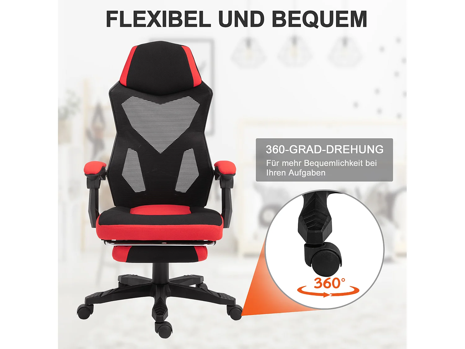 Fauteuil gaming ergonomique avec repose-pieds, hauteur réglable, polyester noir et rouge (58x63x122cm)