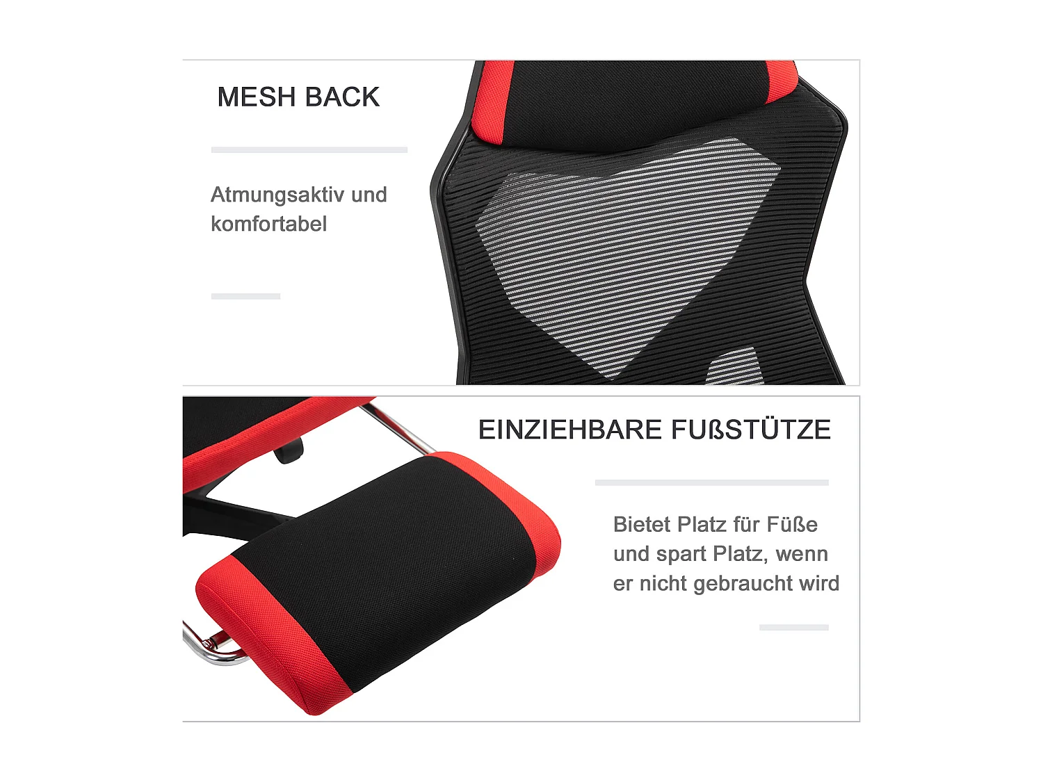 Fauteuil gaming ergonomique avec repose-pieds, hauteur réglable, polyester noir et rouge (58x63x122cm)