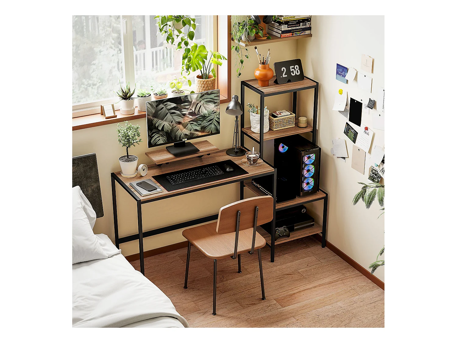 Bureau informatique avec étagères, support pour écran, tiroir et support pour imprimante, MDF, brun (150x48x125 cm)