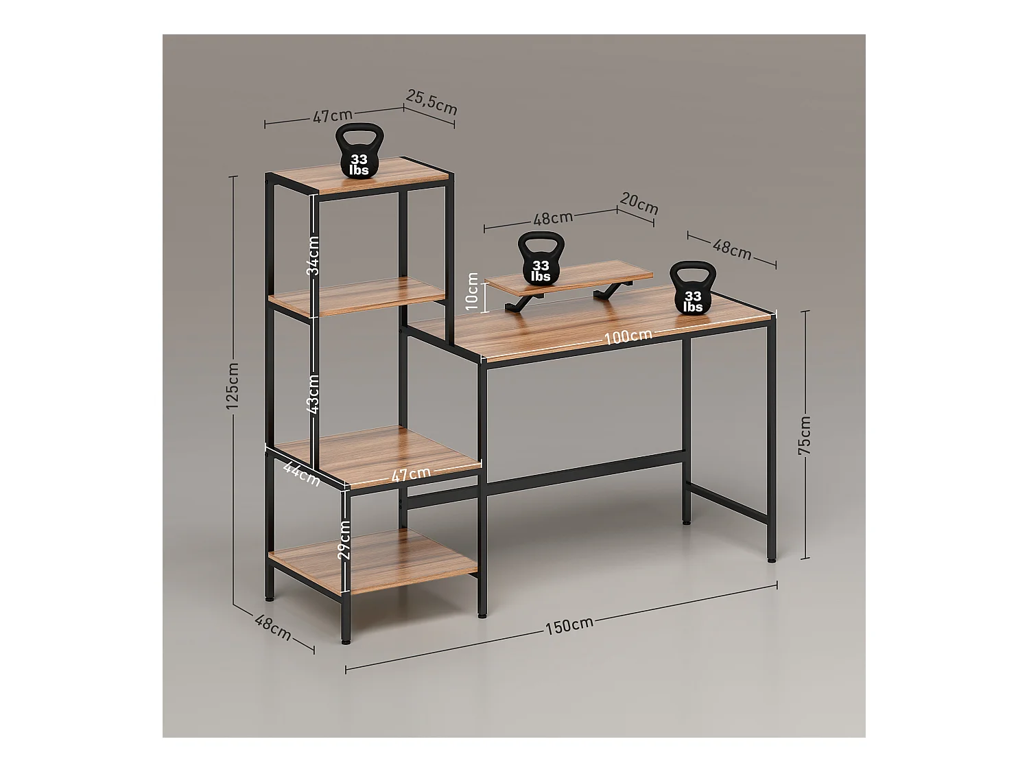Bureau informatique avec étagères, support pour écran, tiroir et support pour imprimante, MDF, brun (150x48x125 cm)