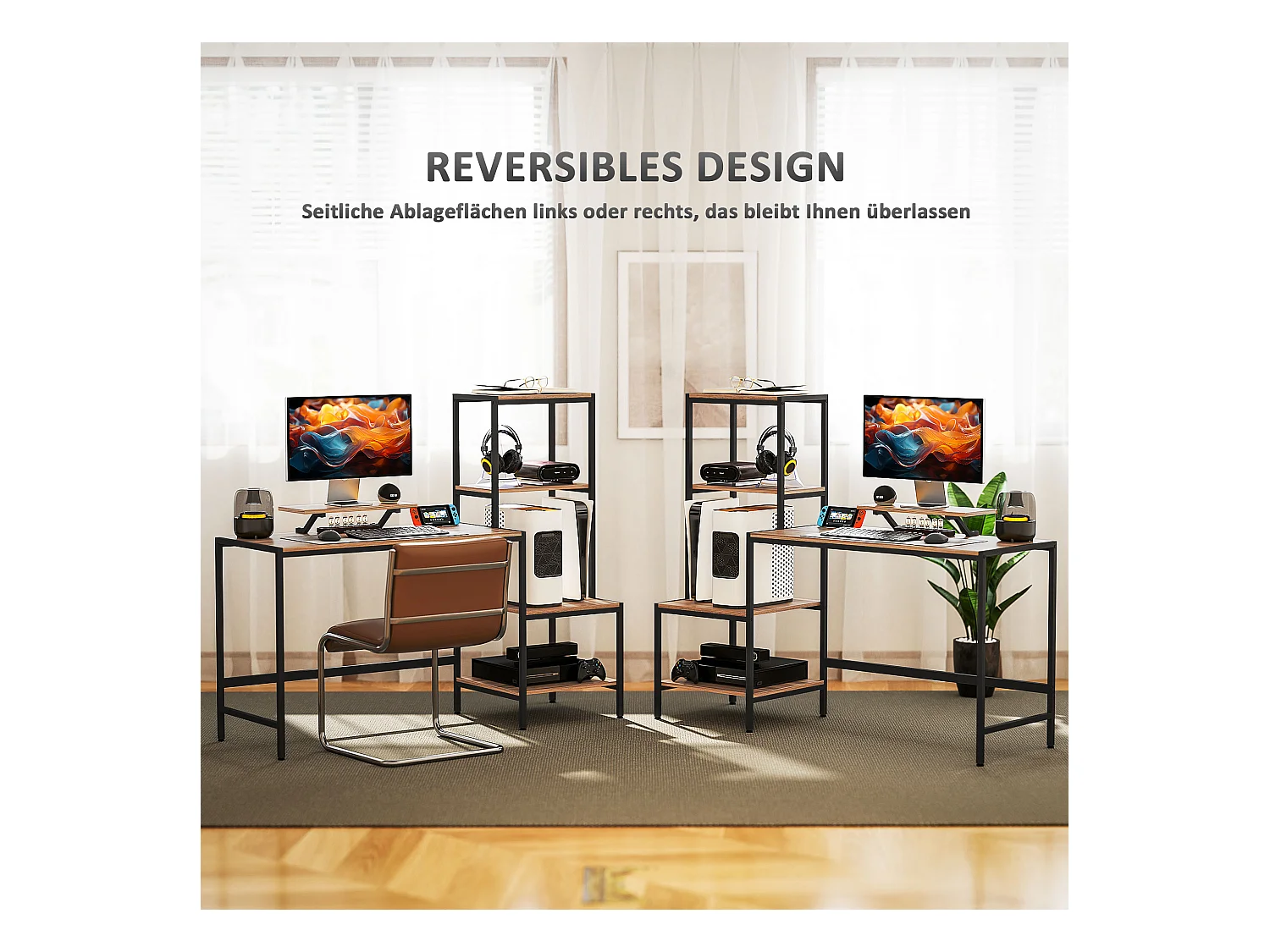 Bureau informatique avec étagères, support pour écran, tiroir et support pour imprimante, MDF, brun (150x48x125 cm)