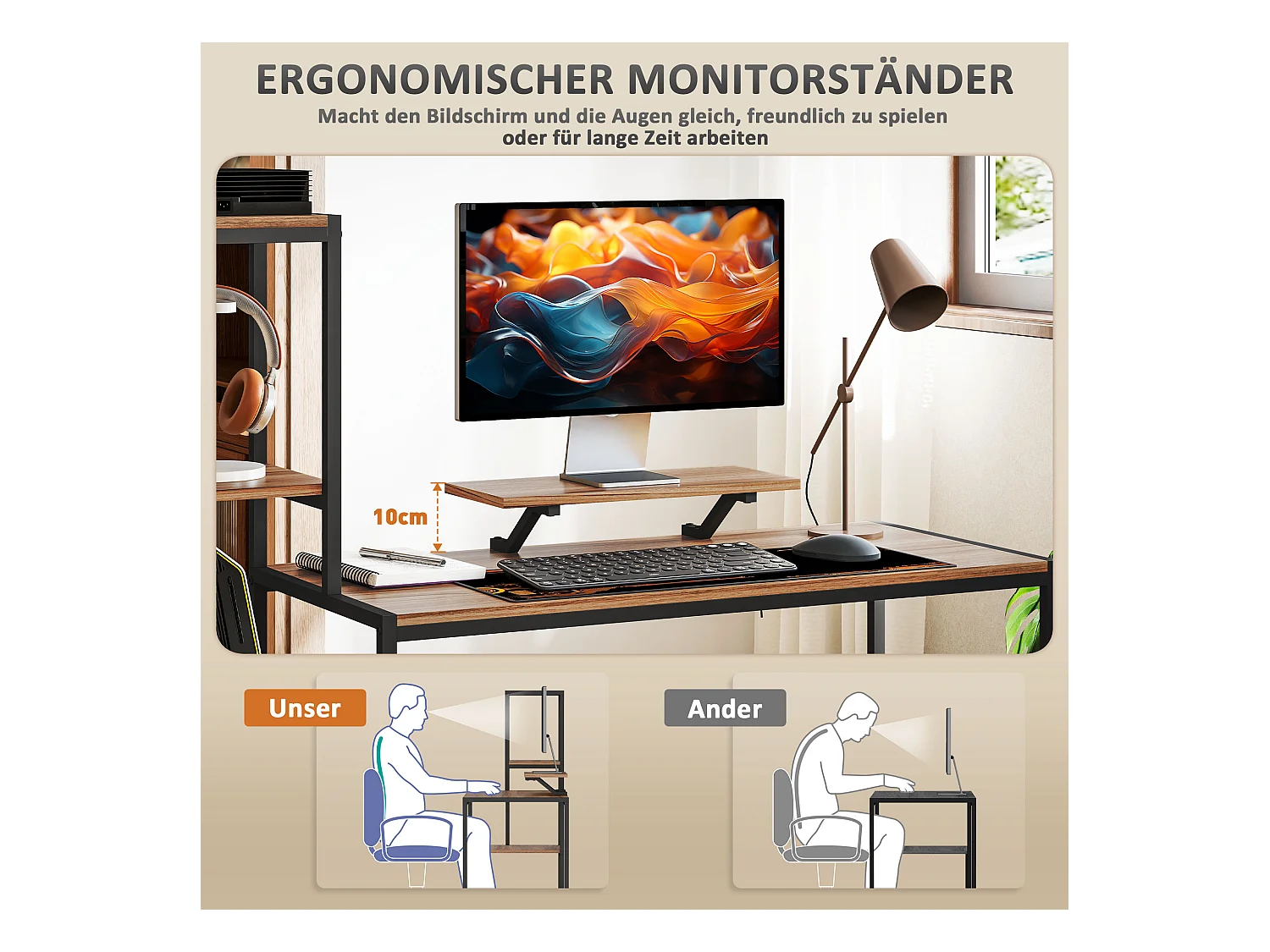 Bureau informatique avec étagères, support pour écran, tiroir et support pour imprimante, MDF, brun (150x48x125 cm)