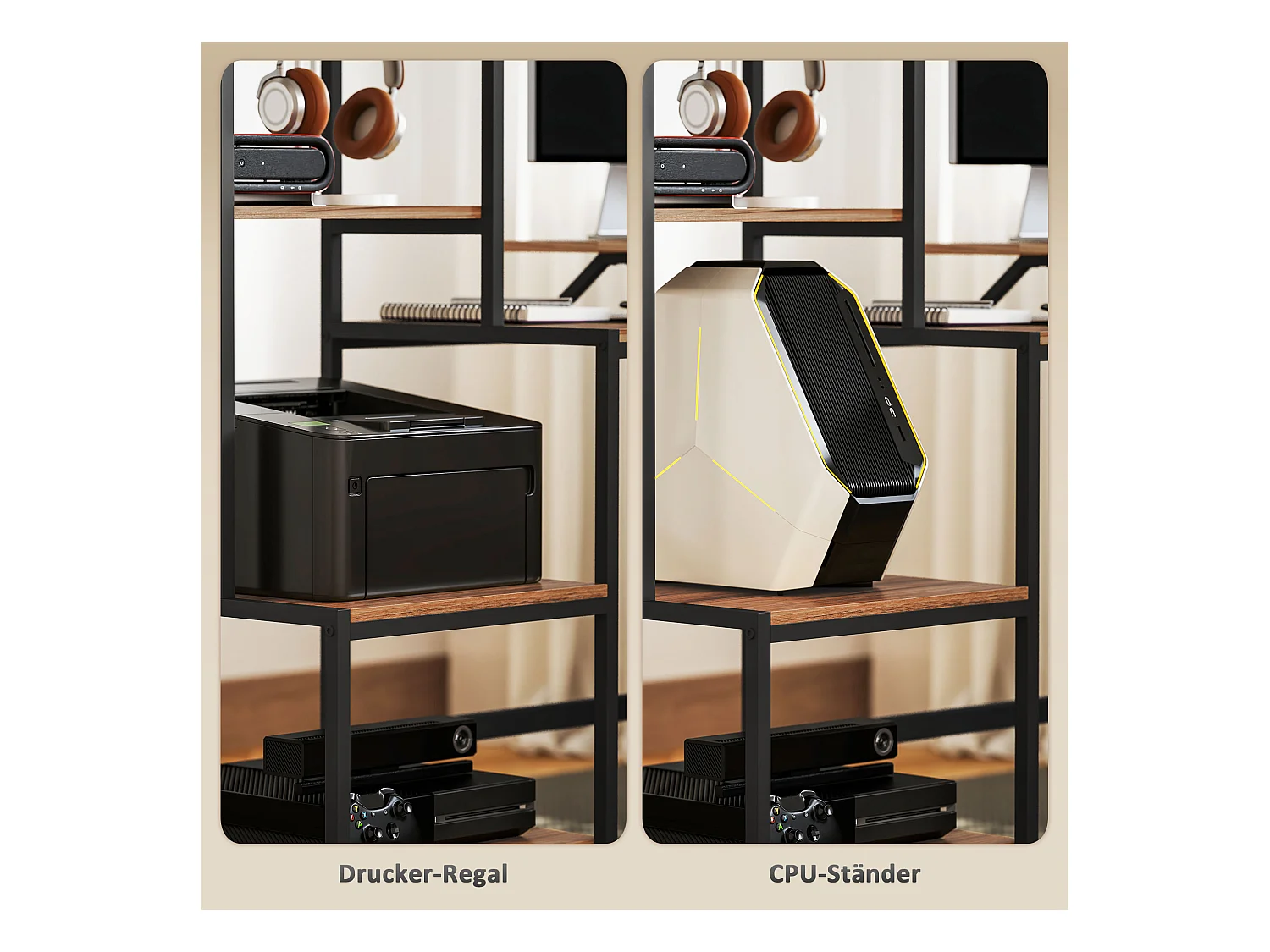 Bureau informatique avec étagères, support pour écran, tiroir et support pour imprimante, MDF, brun (150x48x125 cm)