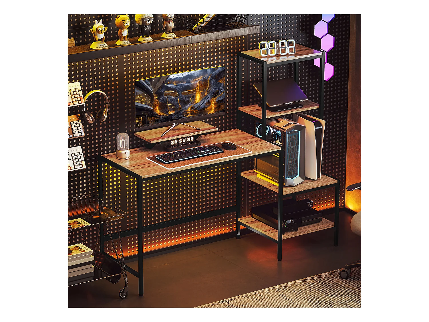 Bureau informatique avec étagères, support pour écran, tiroir et support pour imprimante, MDF, brun (150x48x125 cm)