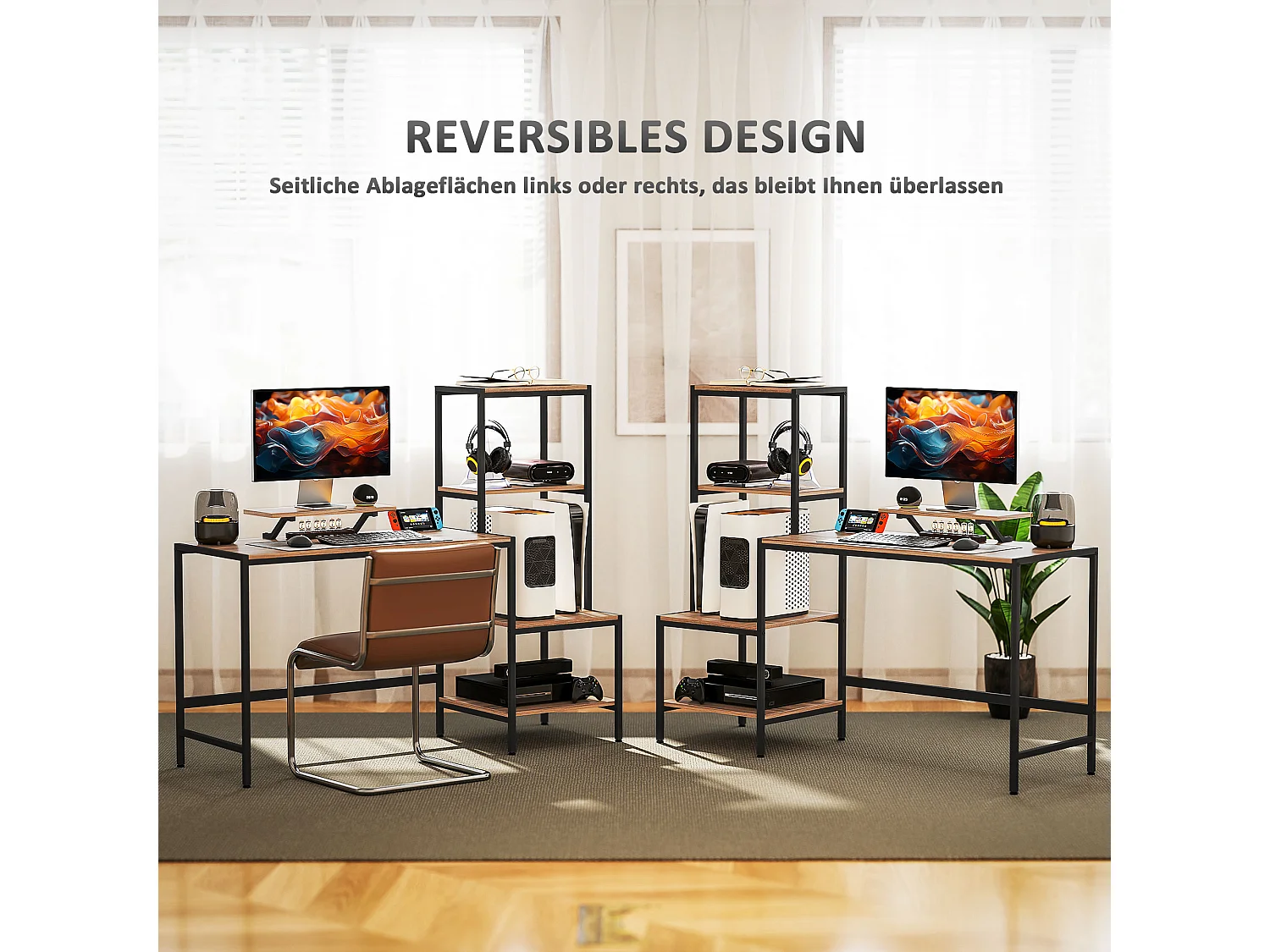 Bureau informatique avec étagères, support pour écran, tiroir et support pour imprimante, MDF, brun (150x48x125 cm)