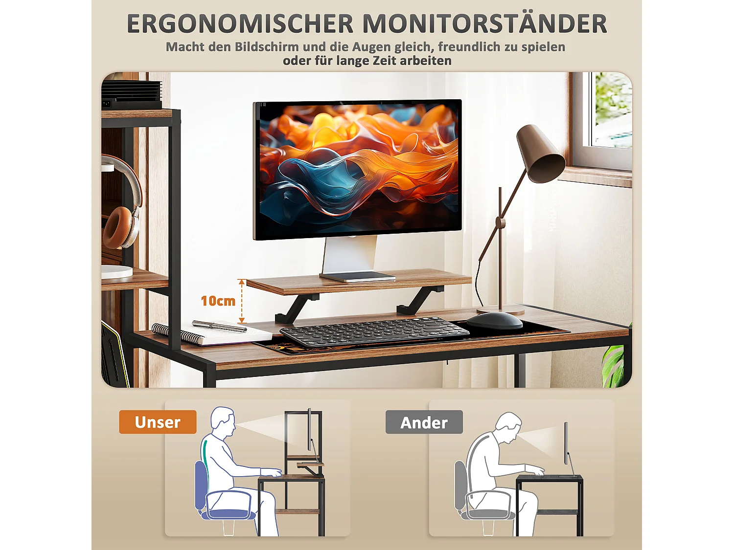 Bureau informatique avec étagères, support pour écran, tiroir et support pour imprimante, MDF, brun (150x48x125 cm)