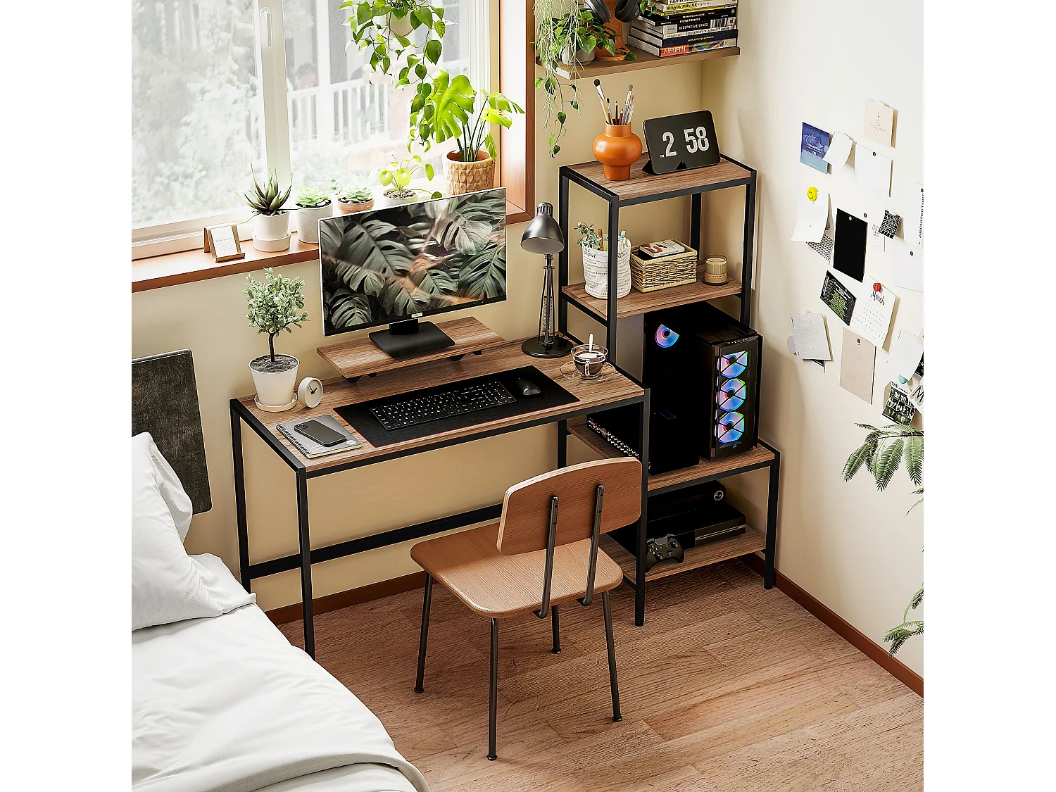 Bureau informatique avec étagères, support pour écran, tiroir et support pour imprimante, MDF, brun (150x48x125 cm)