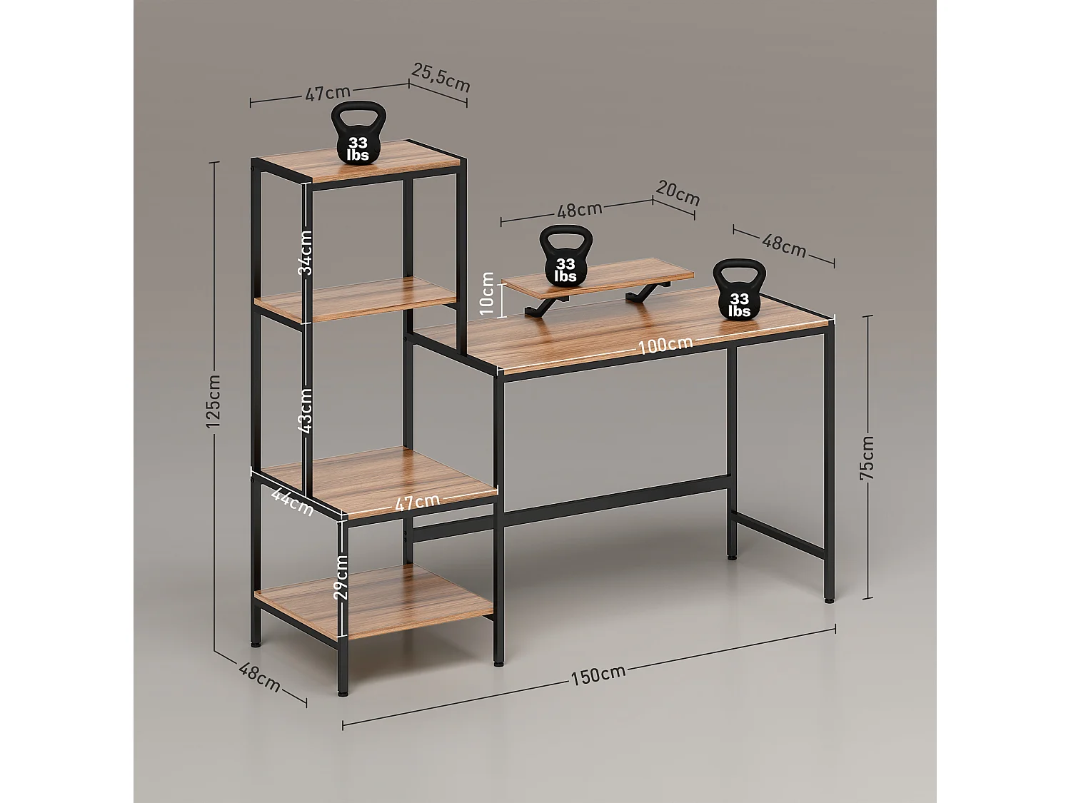 Bureau informatique avec étagères, support pour écran, tiroir et support pour imprimante, MDF, brun (150x48x125 cm)